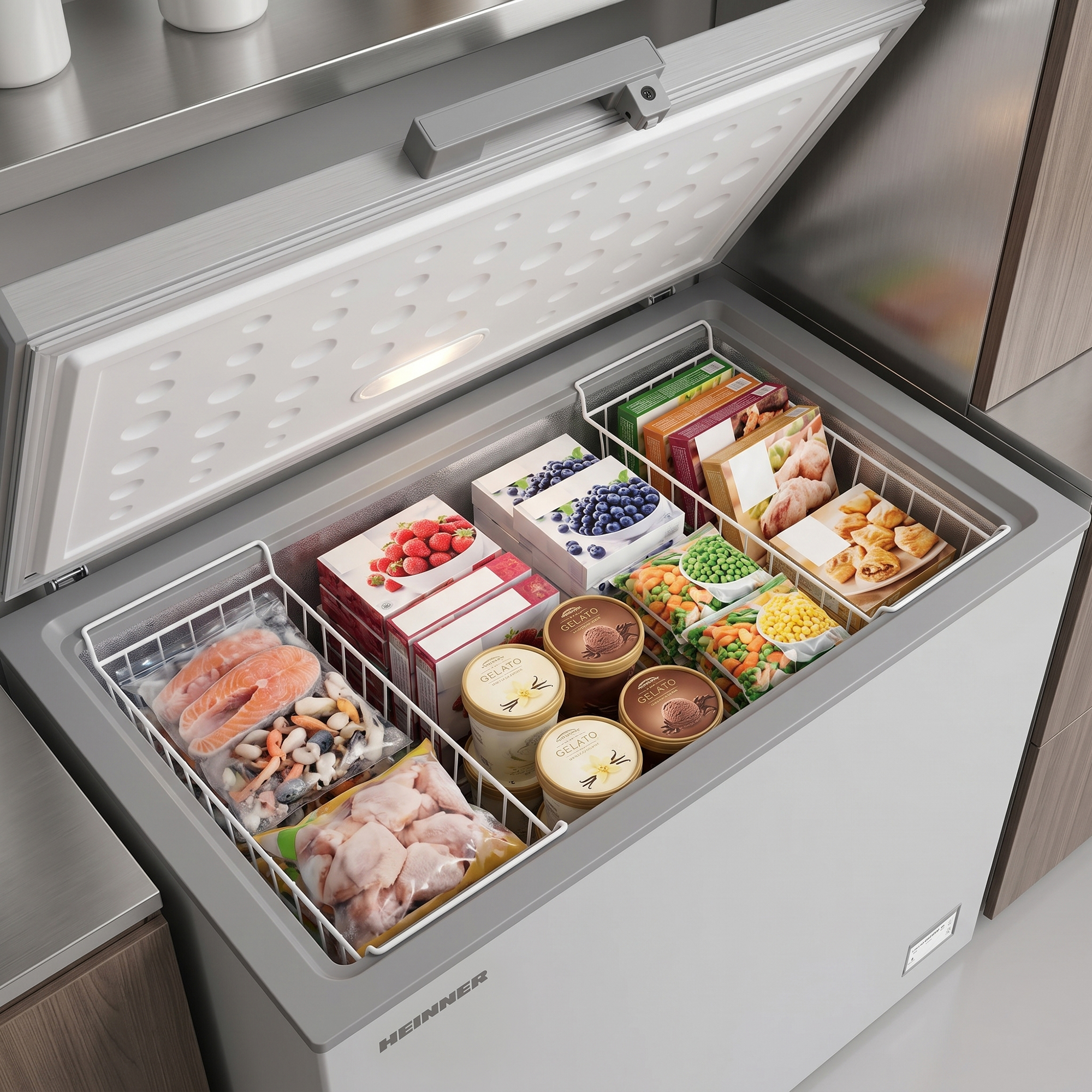 Congélateur coffre ouvert rempli d'aliments surgelés : poisson, baies, légumes et glaces.