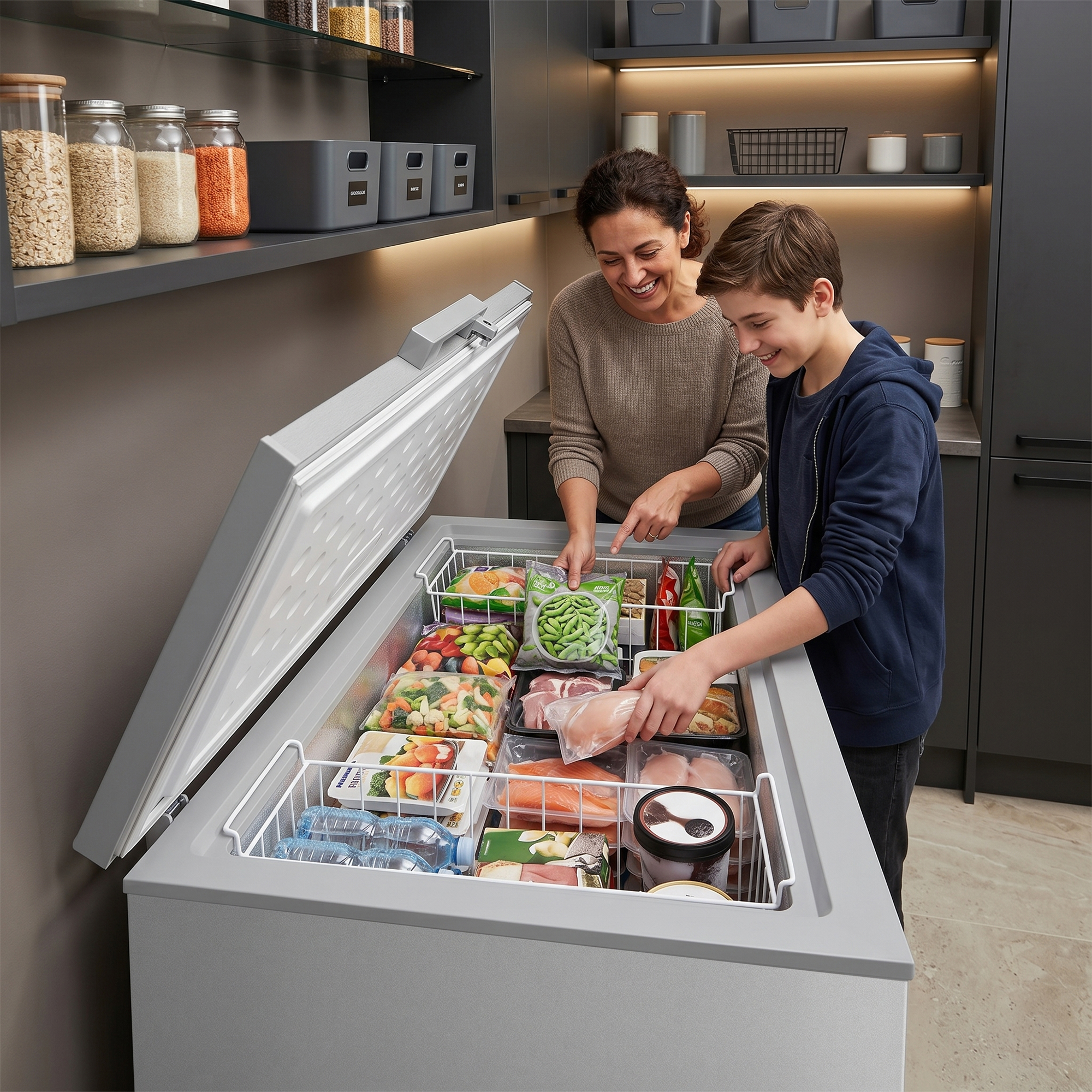 Mère et fils organisant un congélateur coffre rempli d'aliments congelés et de bouteilles d'eau.