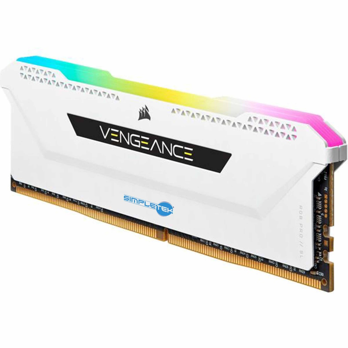 Un módulo de RAM Corsair Vengeance RGB blanco con una tira superior iluminada.