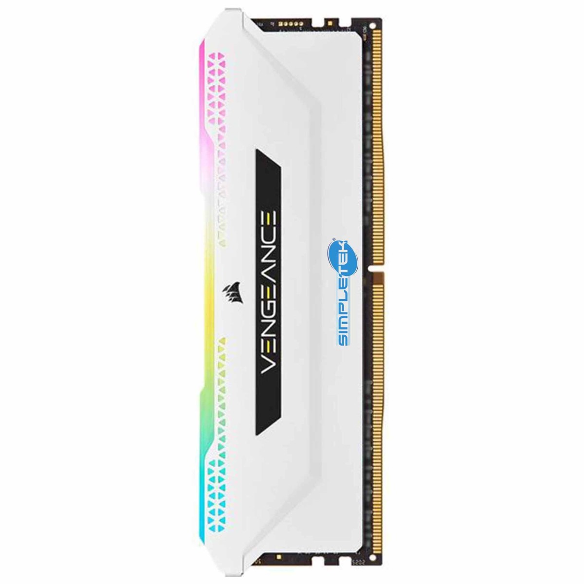 Memoria RAM blanca con logo VENGEANCE, logo Simpletek y patrón de triángulos.