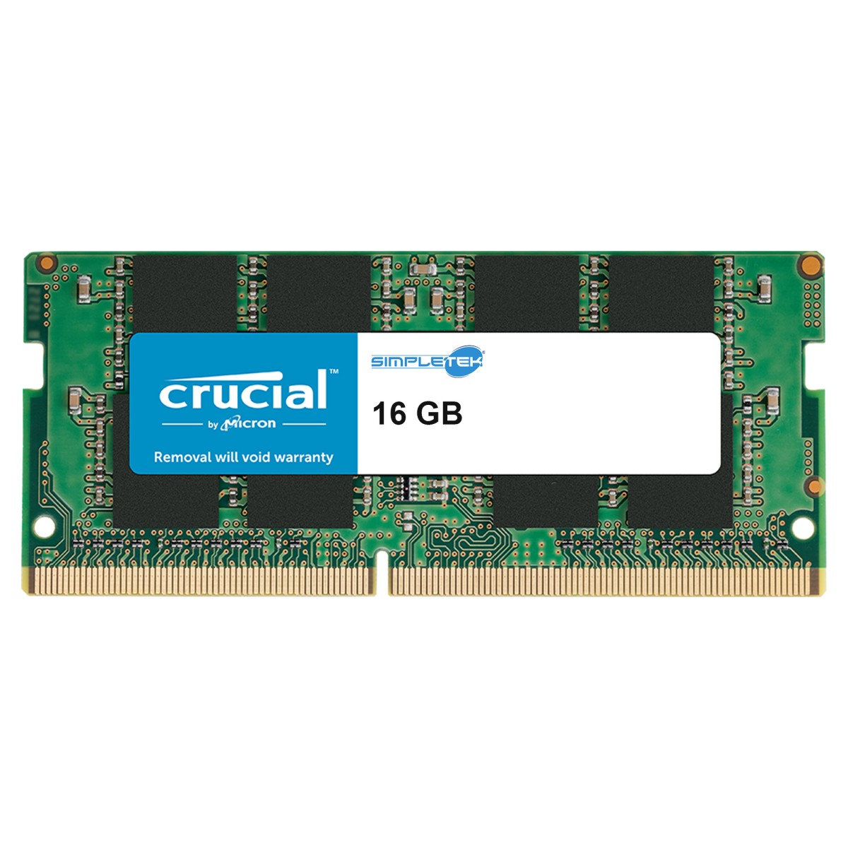 Moduł RAM Crucial 16GB z czarnymi chipami i niebieską etykietą.