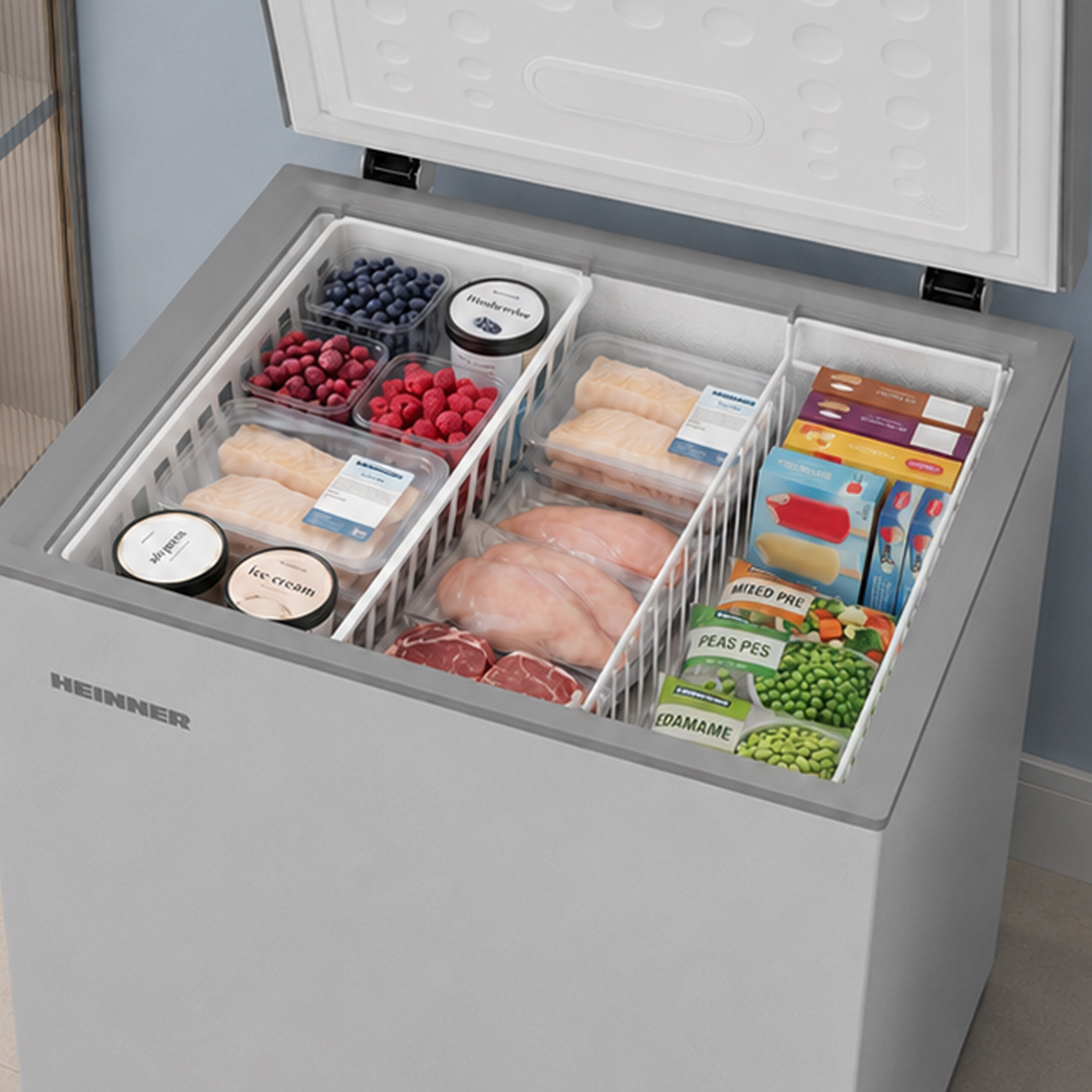 Congélateur avec baies, poisson, poulet, viande, glace et légumes.