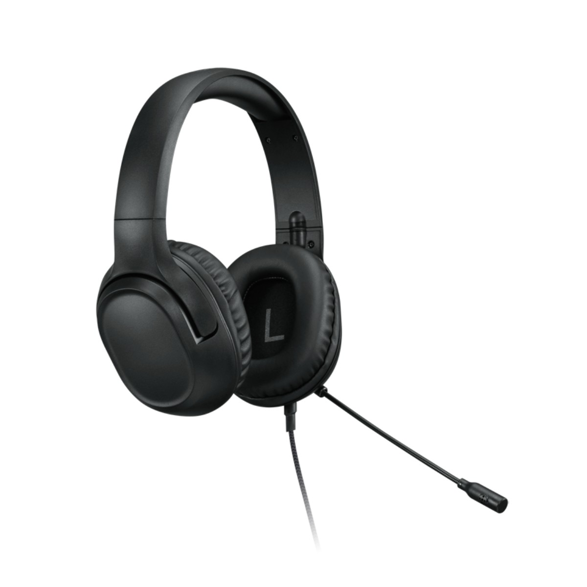 Black headphones with a microphone and an L marking on the left earcup.