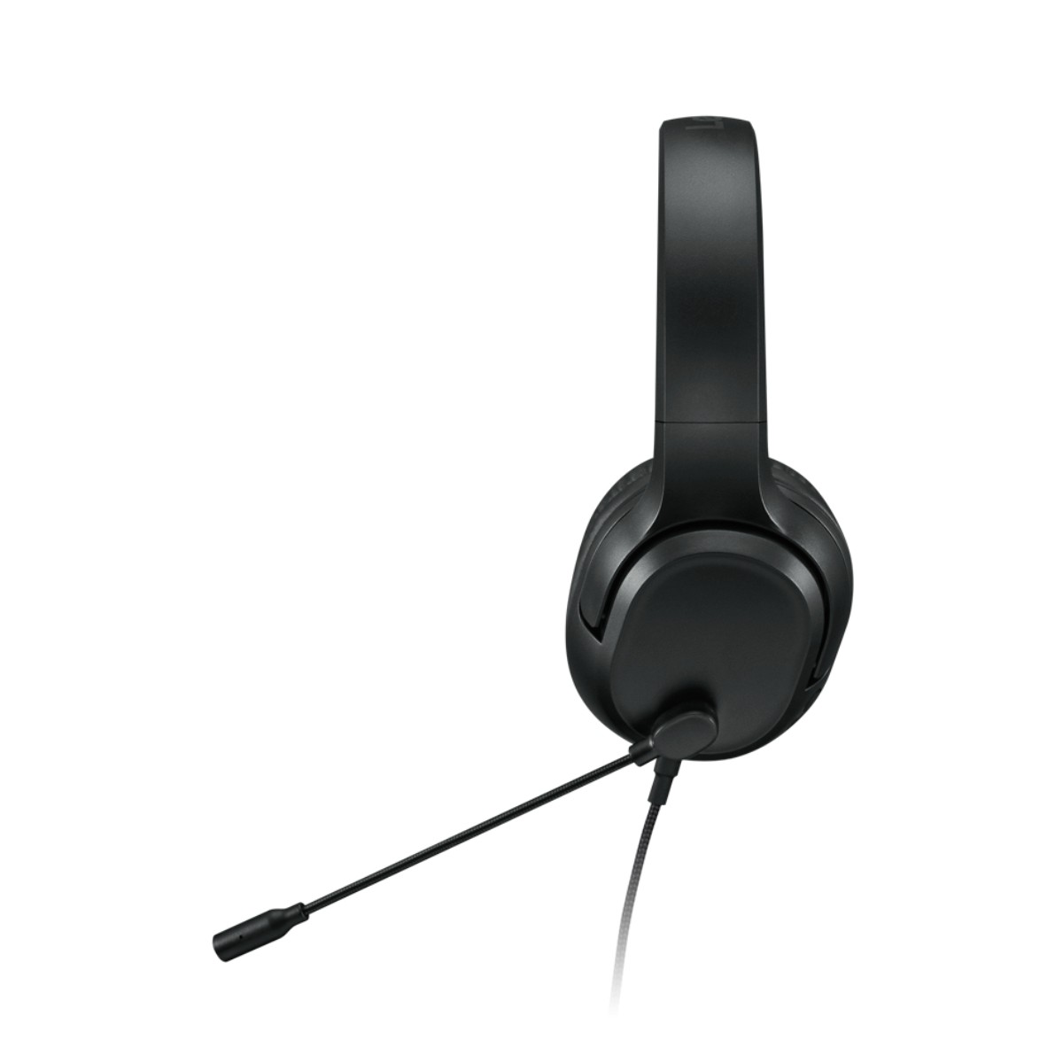 Black headphones with a microphone and cable on a white background.