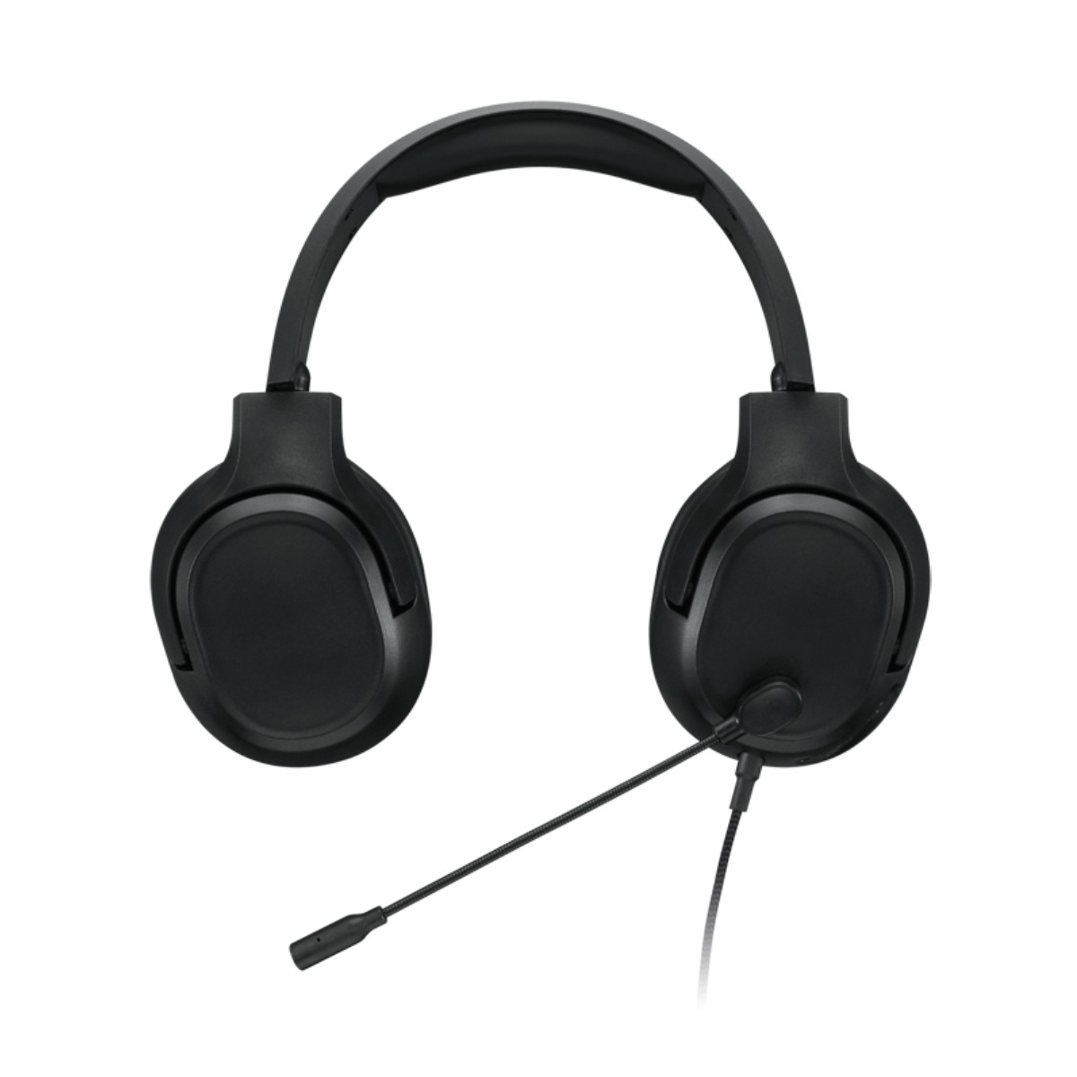 Black headphones with a microphone on a white background.