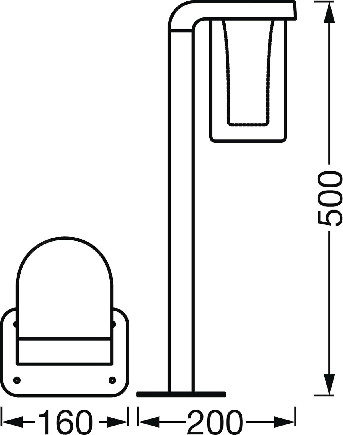 Technische Zeichnung eines Mülleimers mit Abmessungen.