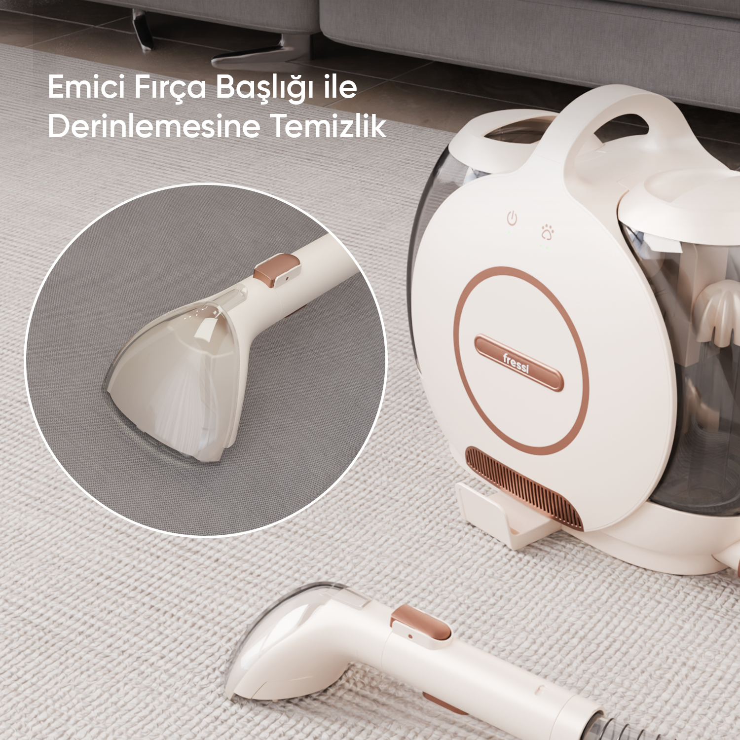 Gül altın rengi aksanlı beyaz elektrikli süpürge halı üzerinde.