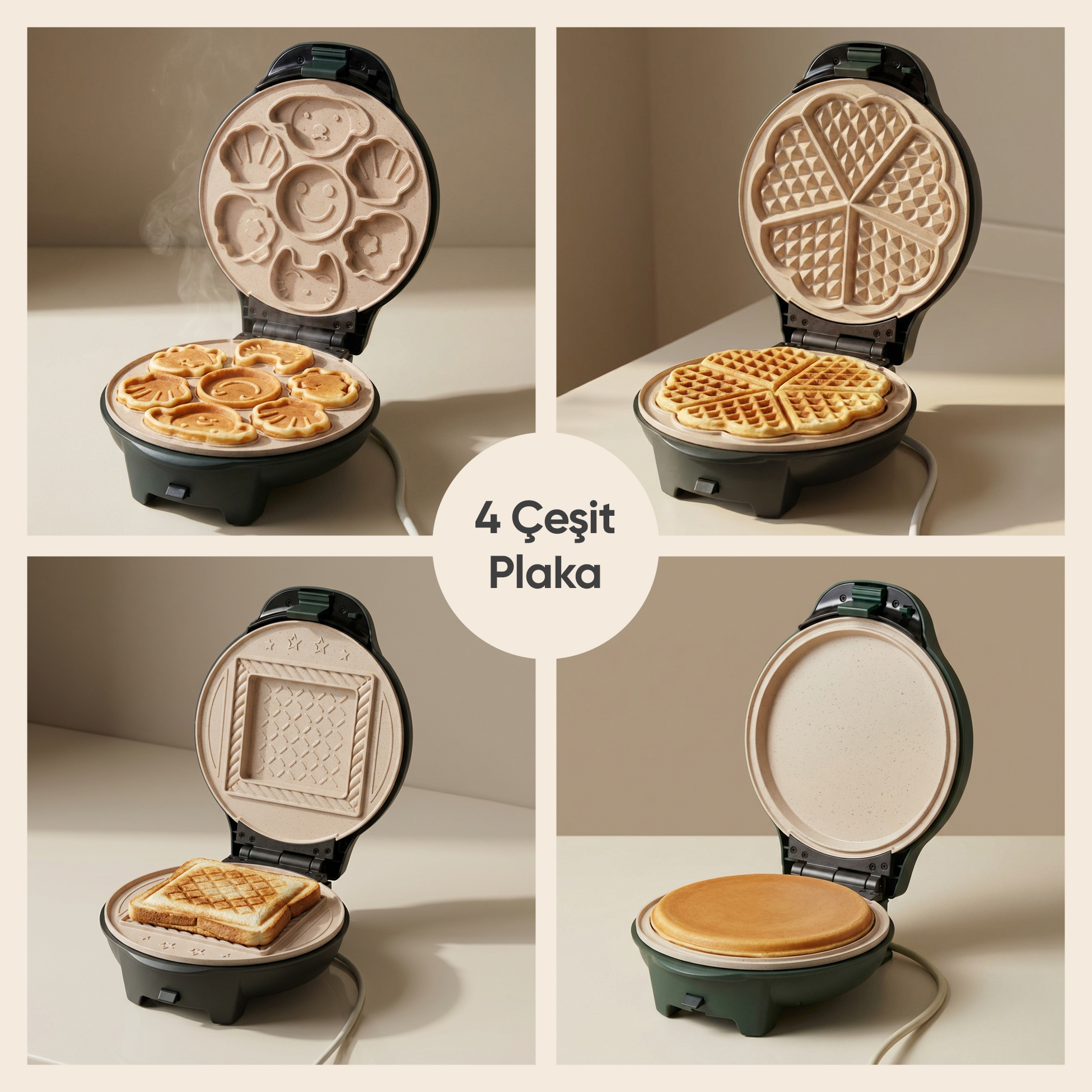 Çok plakalı bir cihazın dört görünümü: karakterli krep, kalp waffle, tost ve krep yapımı.