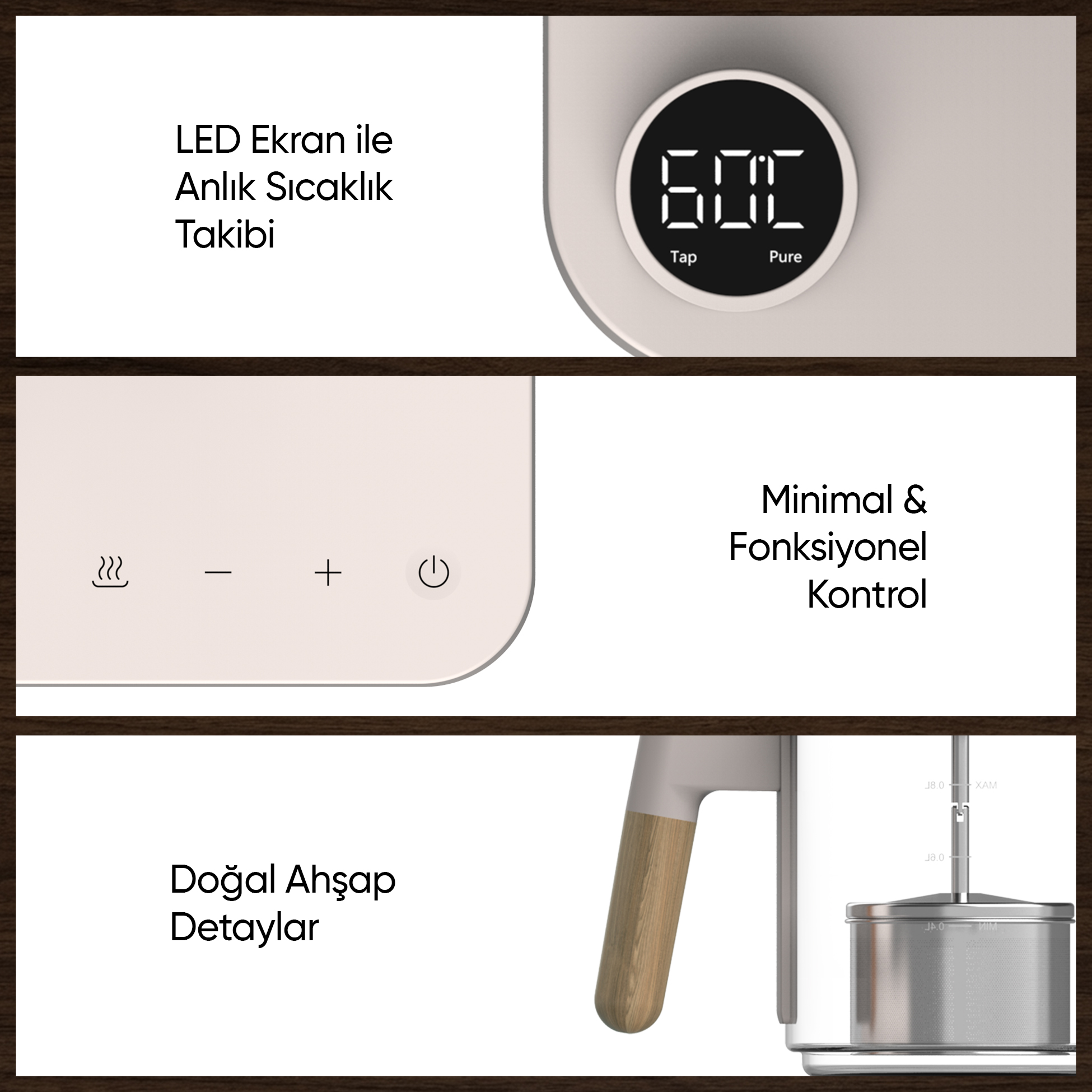 LED ekranlı, dokunmatik kontrollü, ahşap detaylı su ısıtıcı.