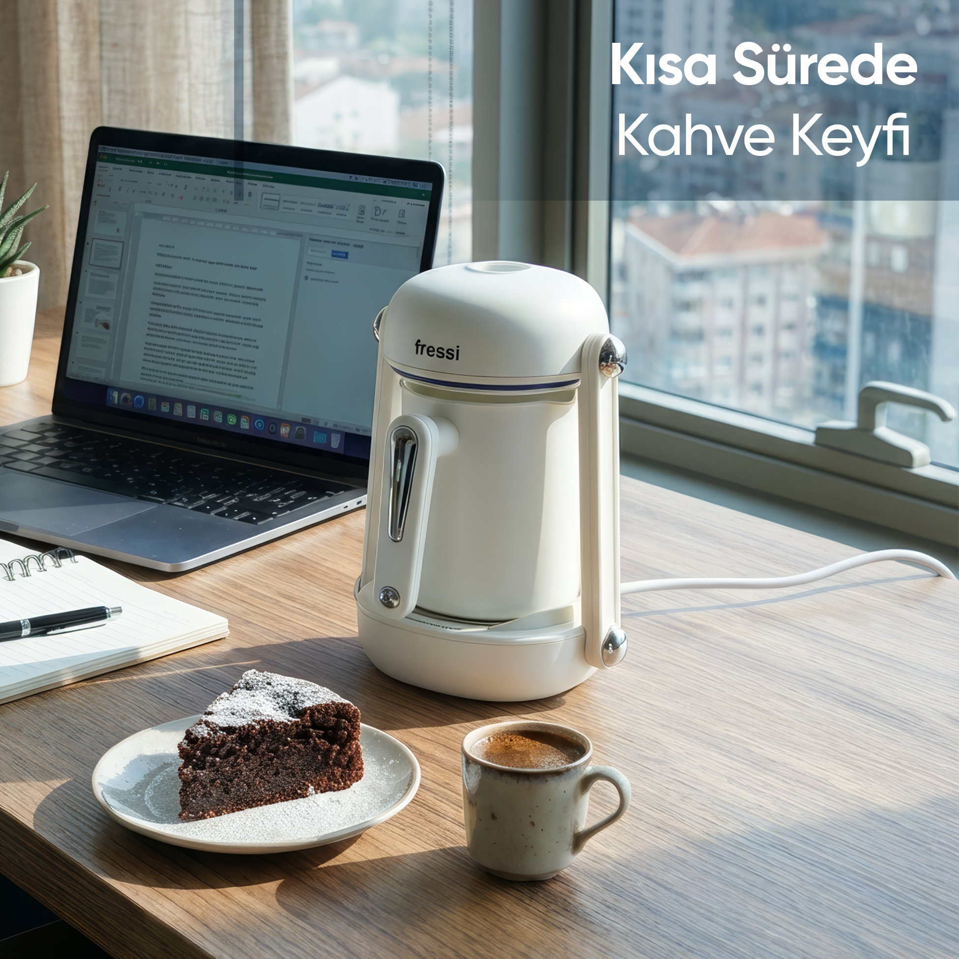 Beyaz bir kahve makinesi, ahşap bir masada dizüstü bilgisayar, kek ve kahvenin yanında.