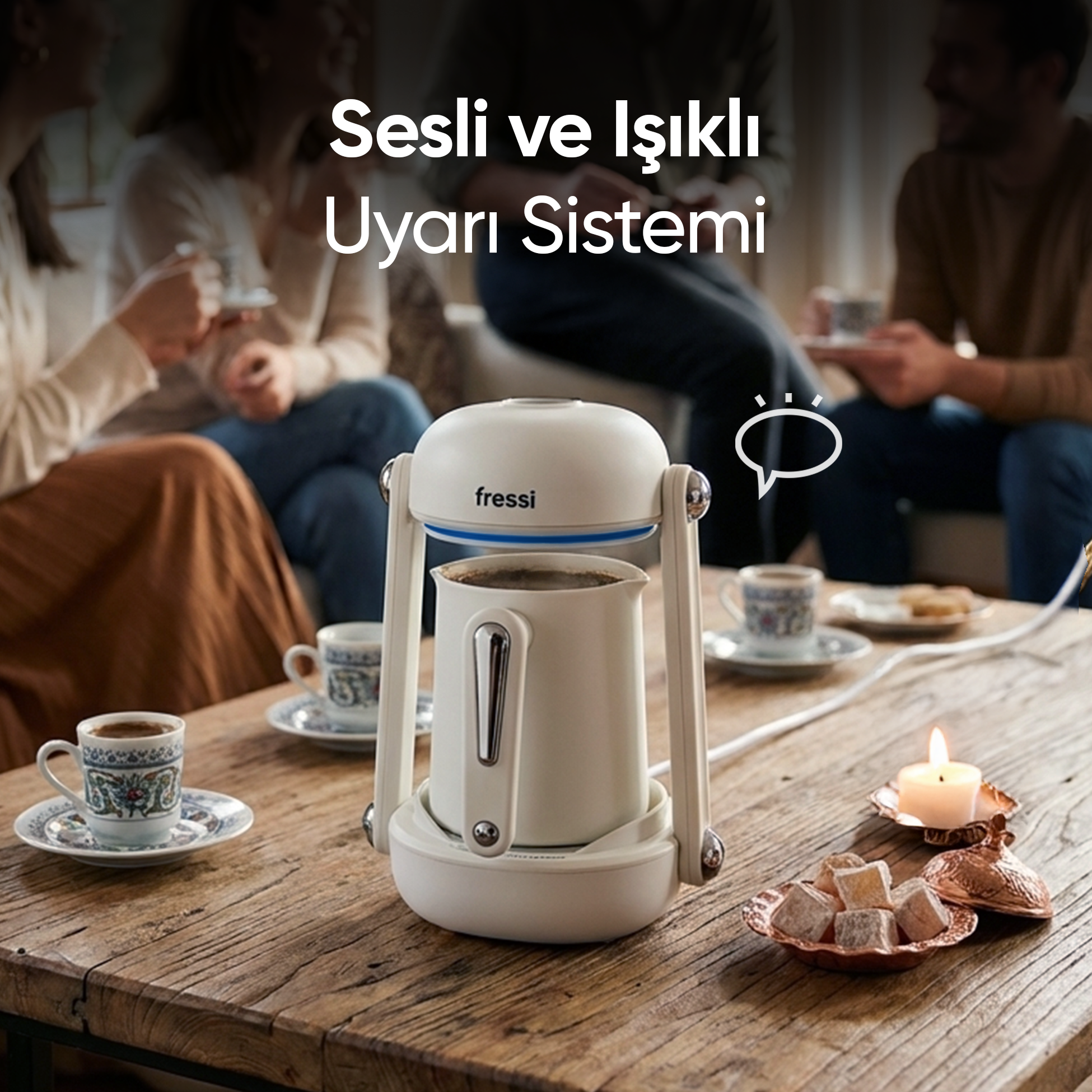 Fincanlar ve tatlılarla ahşap masada beyaz bir kahve makinesi.