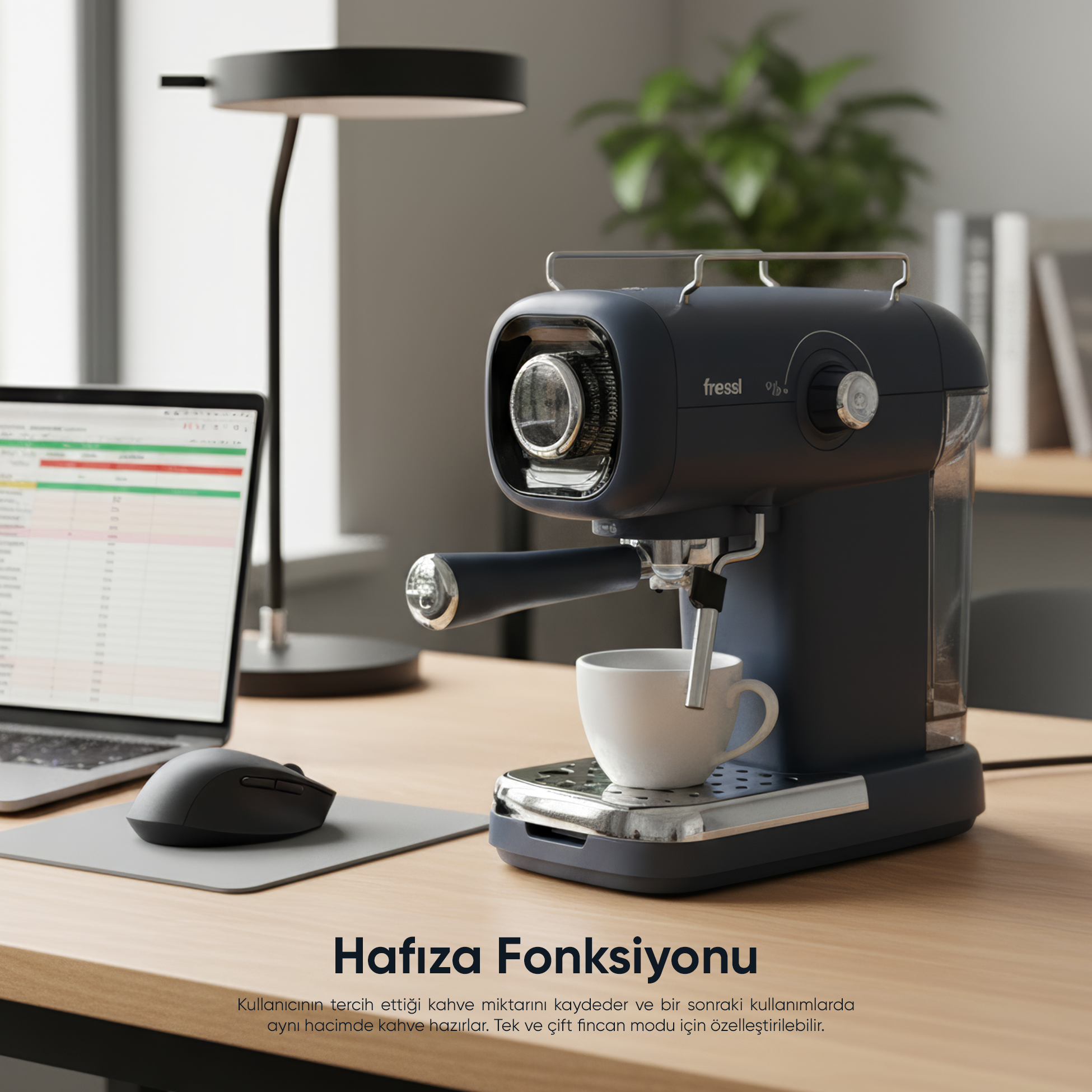 Koyu mavi espresso makinesi, masada beyaz fincana kahve yapıyor.