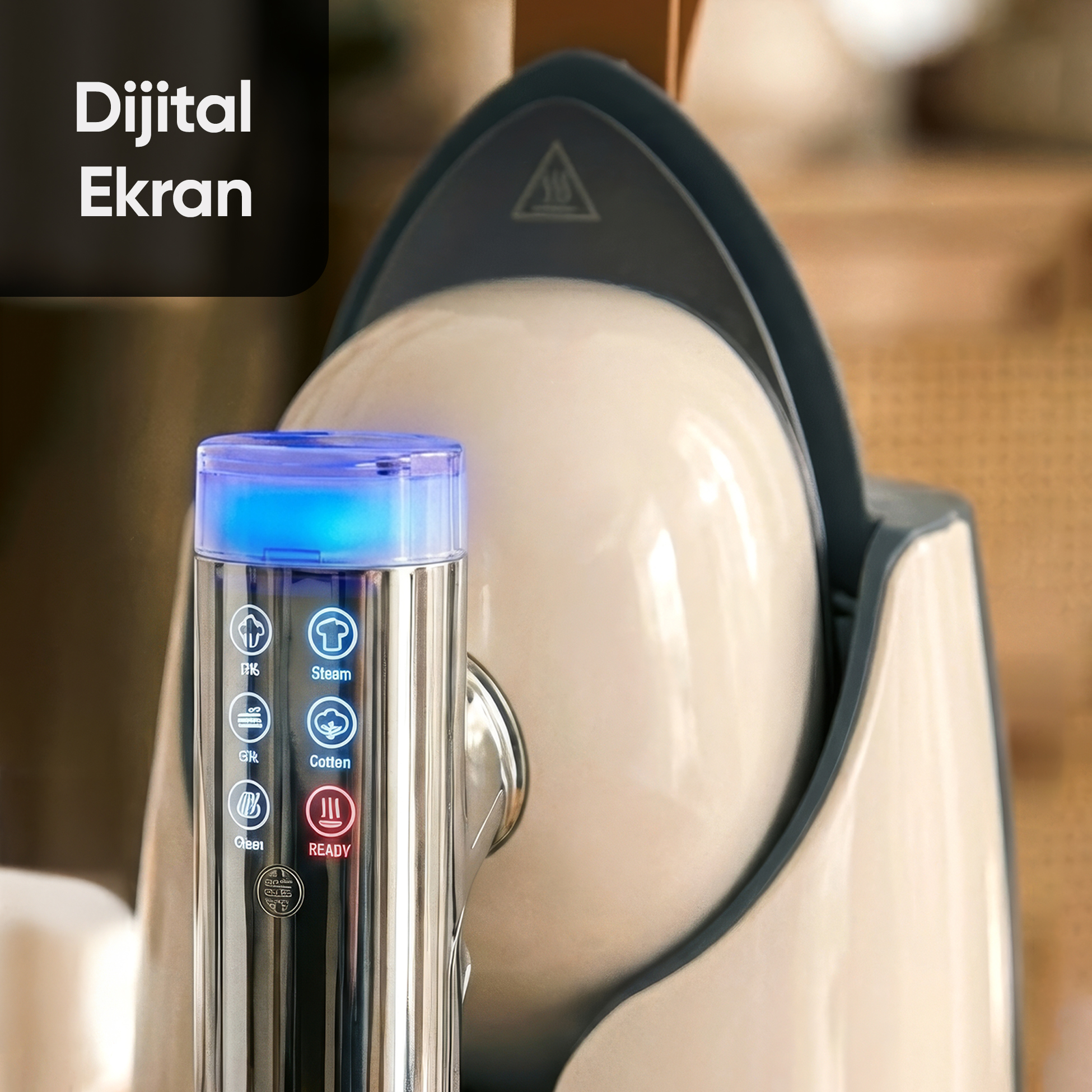 Dijital ekranlı ve mavi ışıklı, hazır buharlı ütü.