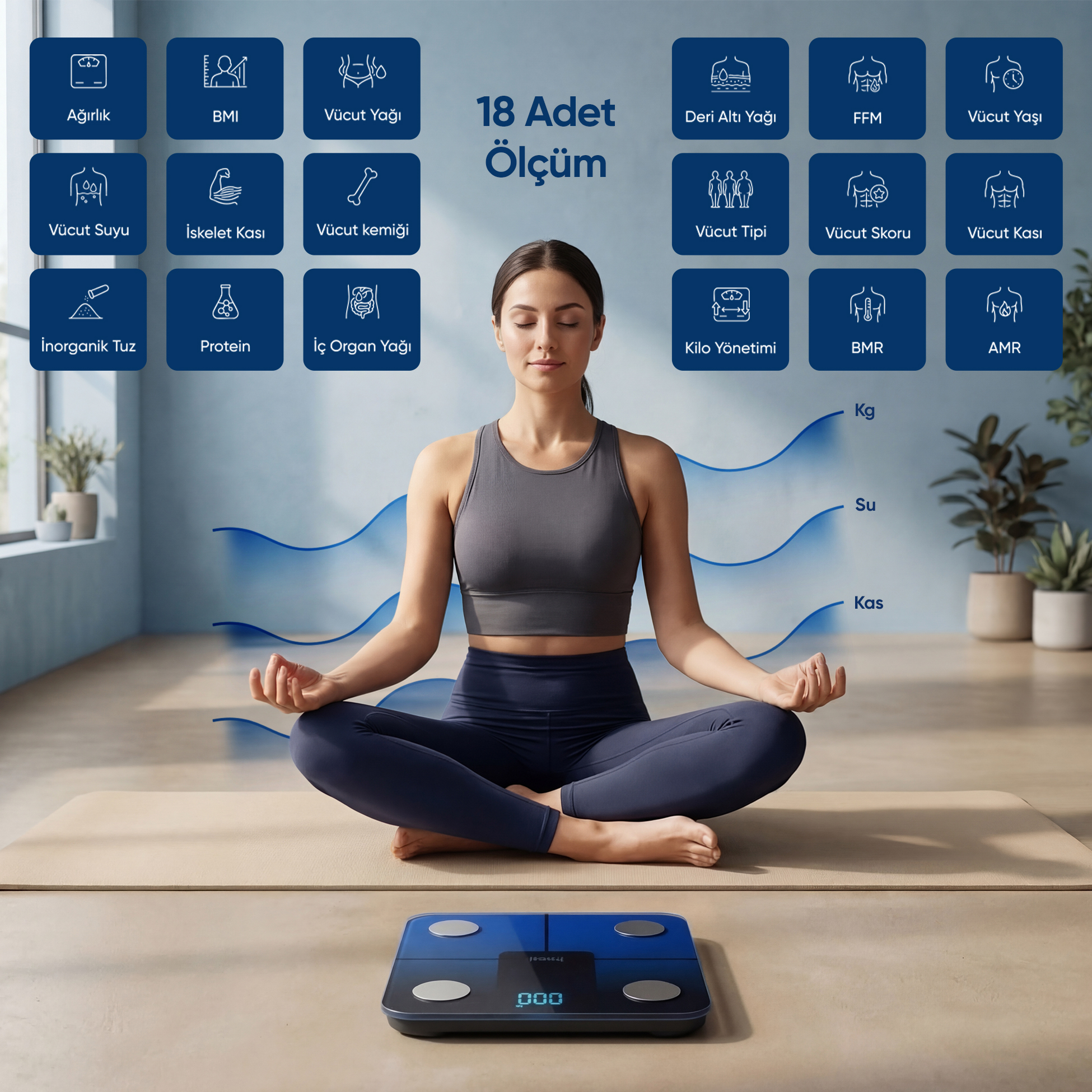 Kadın '000' gösteren akıllı tartının yanında meditasyon yapıyor. İkonlar ölçümleri gösterir.