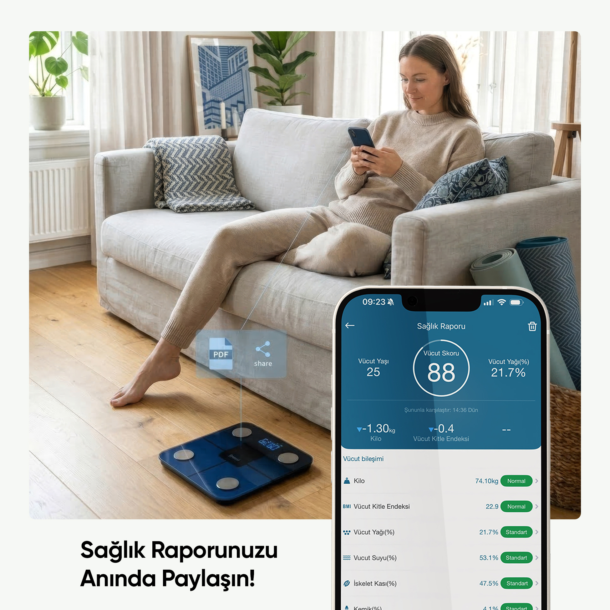 Bir kadın kanepede oturmuş telefonunu kullanıyor, yanında sağlık verilerini gösteren bir tartı var.