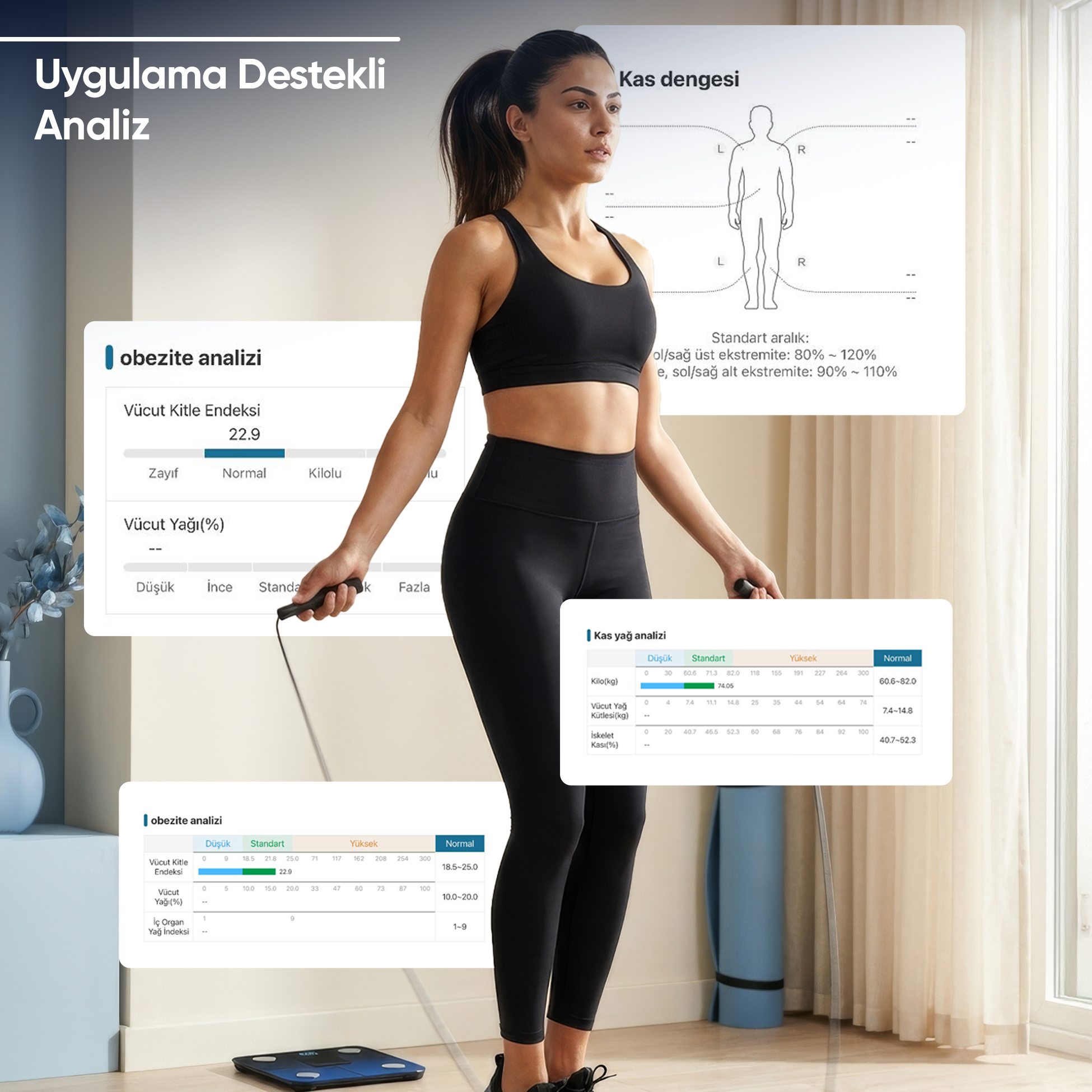 Vücut analiz grafikleriyle çevrili bir kadın ip atlıyor. Sağlık verilerini gösterir.