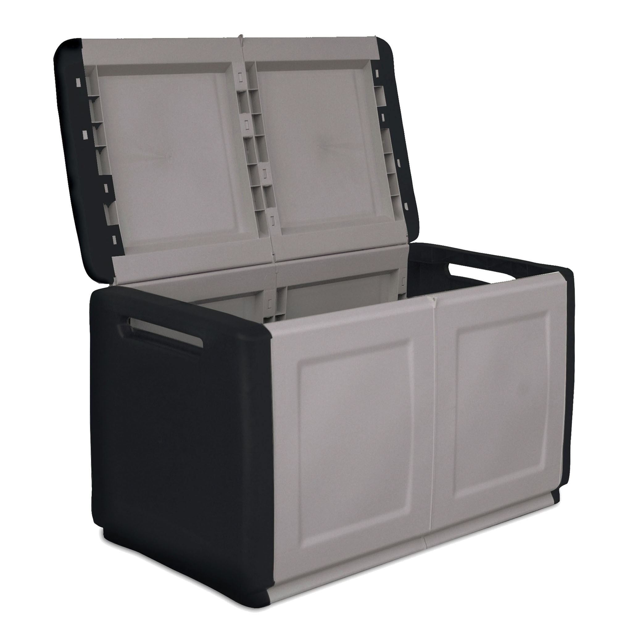 Caja de almacenamiento gris y negra con tapa abierta y asas.