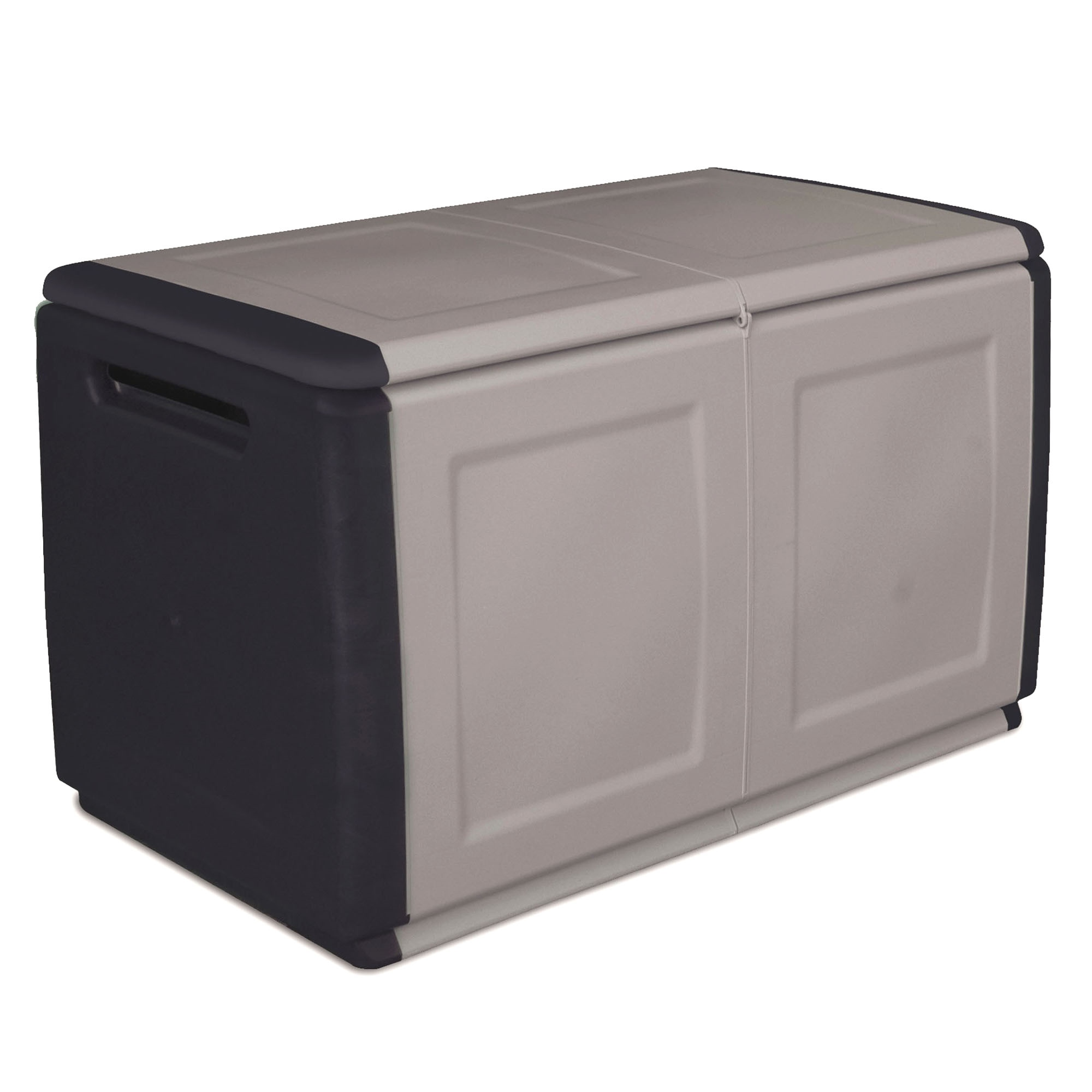 Caja de almacenamiento gris y azul oscuro con tapa y asas.