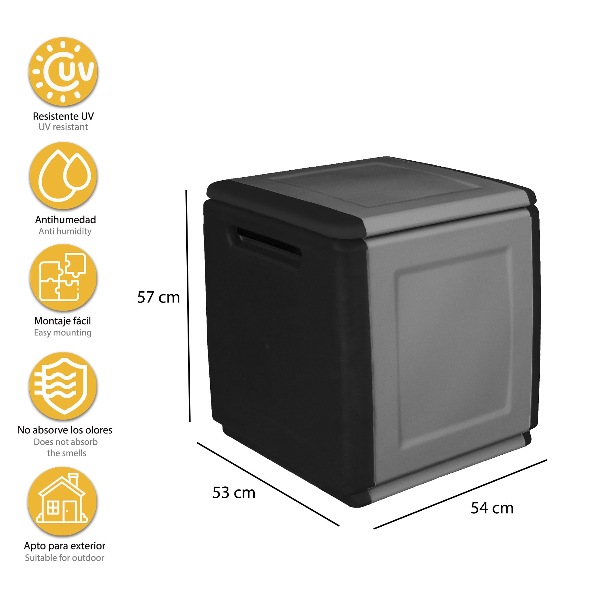 Caja de almacenamiento gris y negra de 57x53x54 cm.
