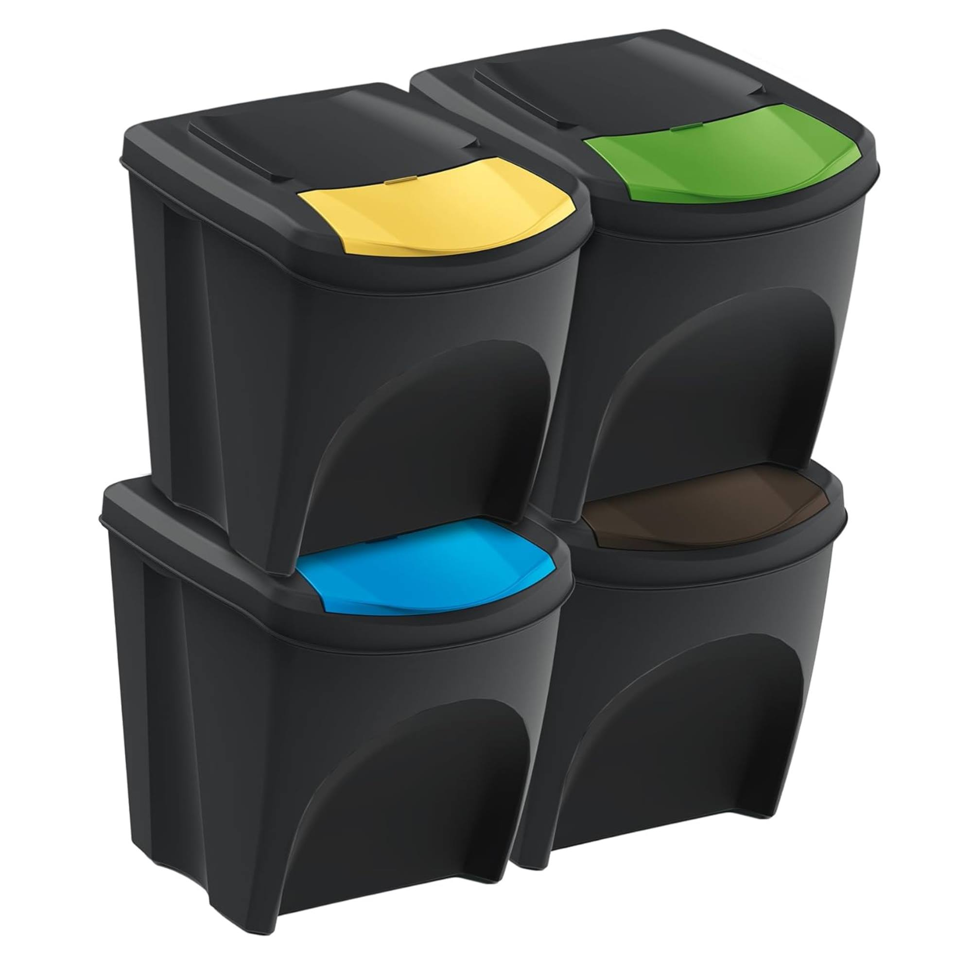 Dos pilas de cubos de basura negros con tapas de colores: amarillo, verde, azul y marrón.