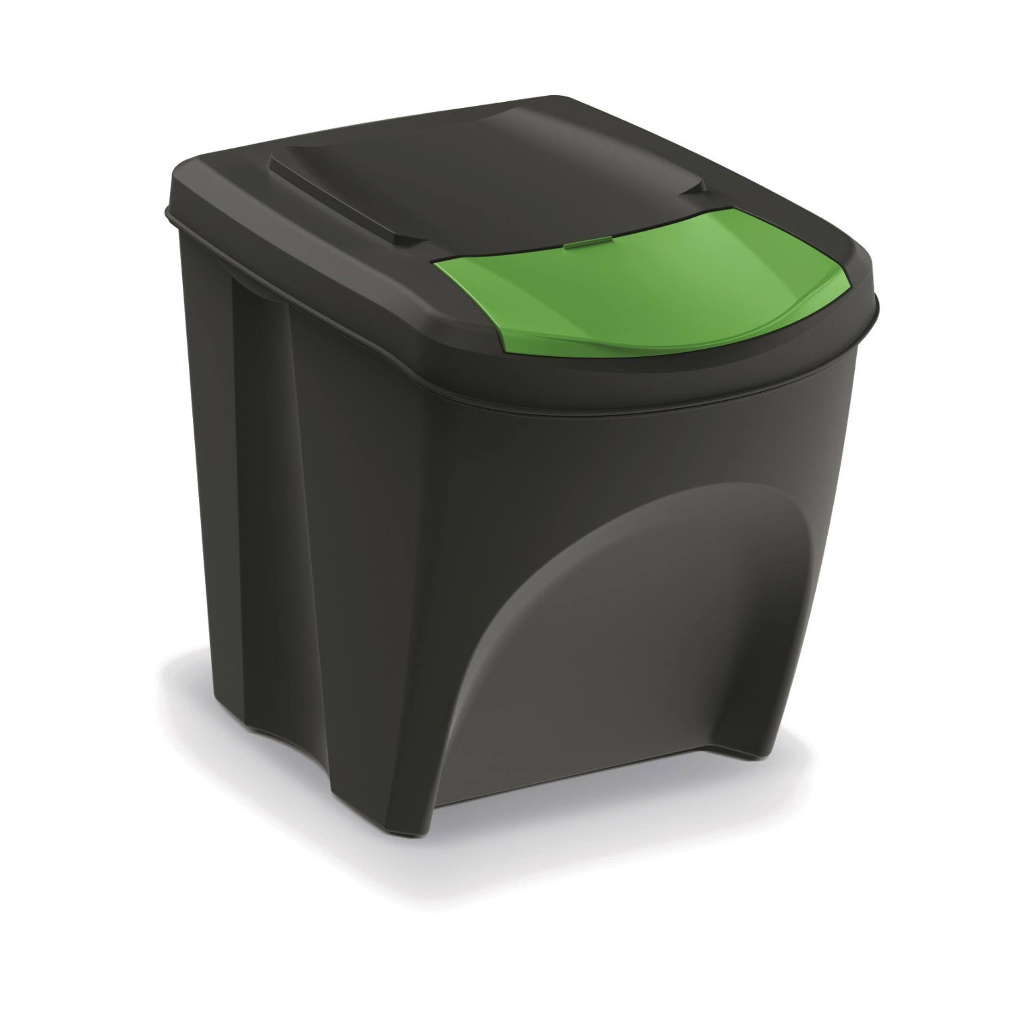 Papelera negra con tapa verde, aislada sobre fondo blanco.
