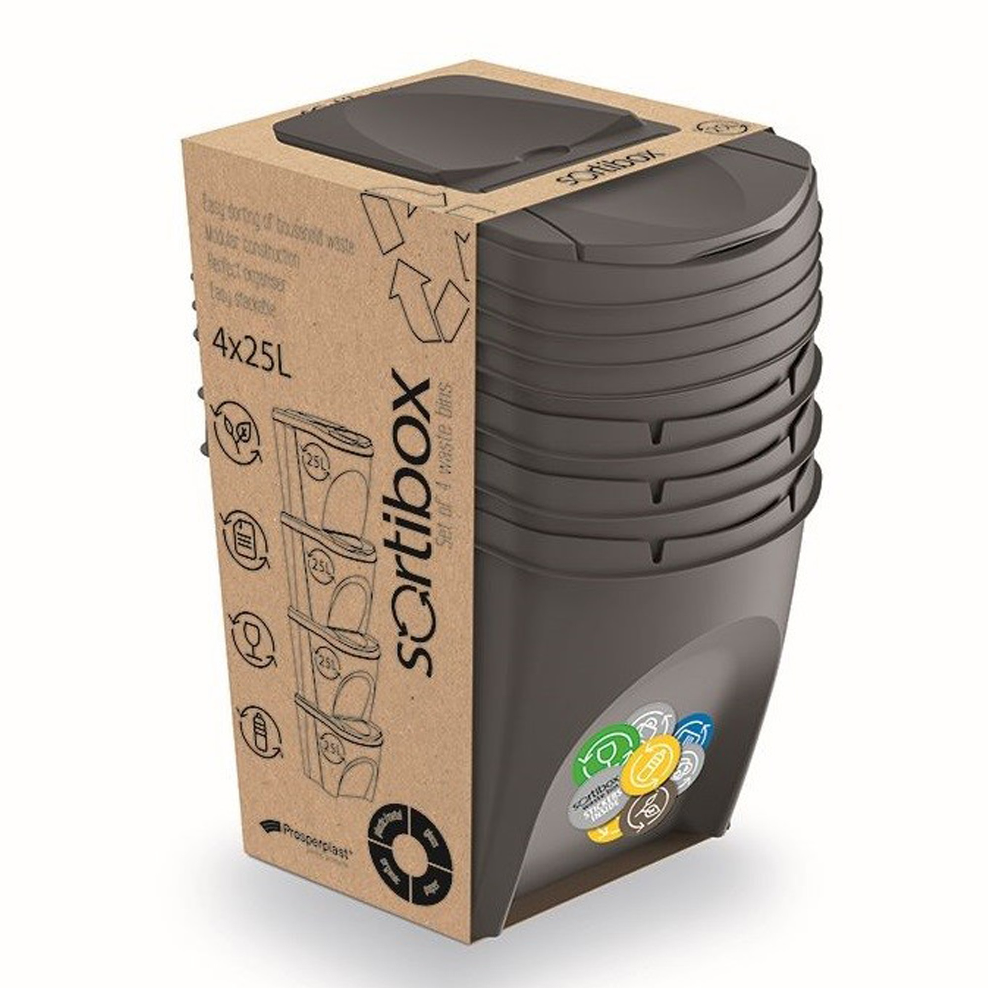 Una pila de 4 cubos de basura grises de 25L con tapas, empaquetados en caja.