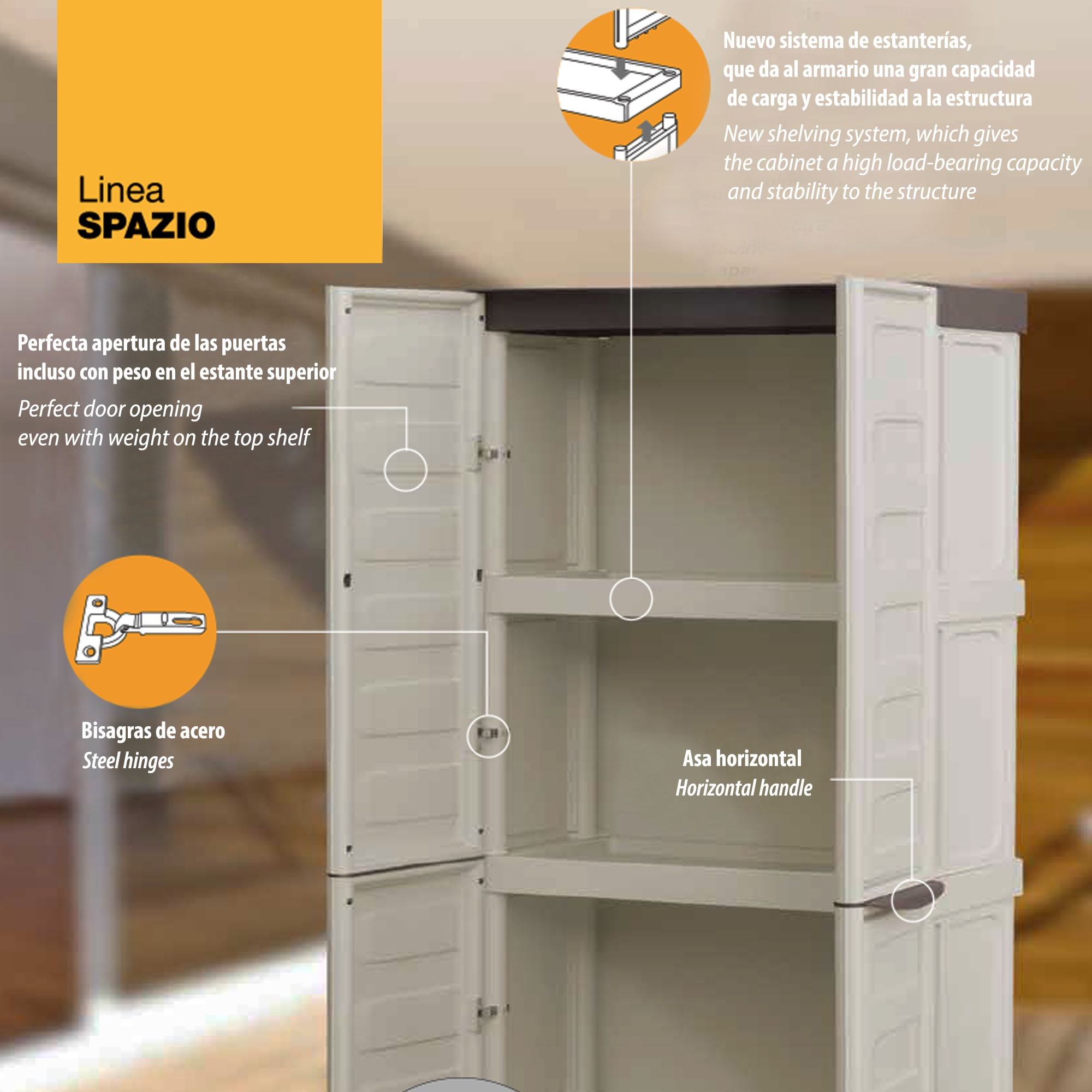 Un armario beige claro con puertas abiertas, bisagras de acero y asas horizontales.