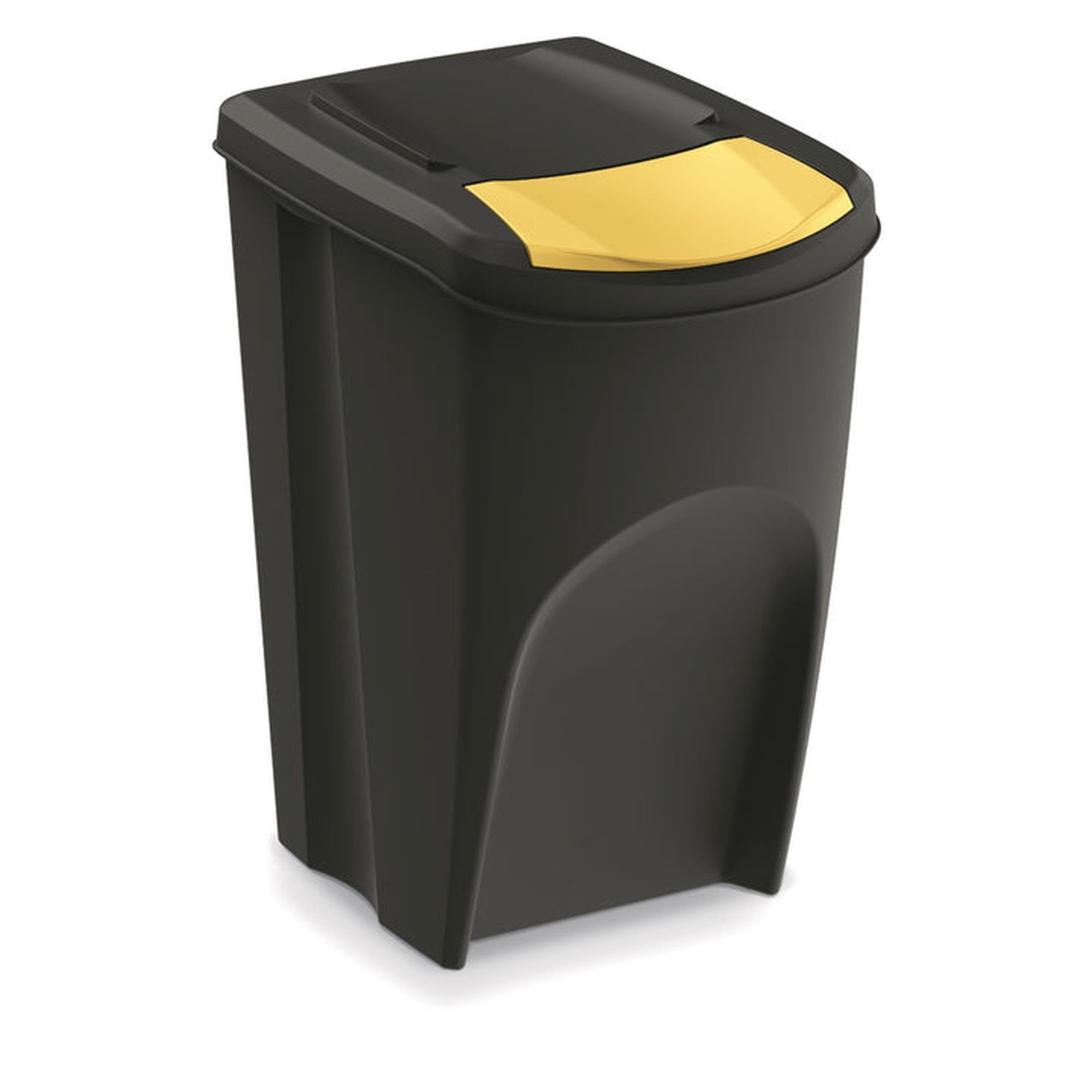 Un cubo de basura negro con una tapa amarilla sobre un fondo blanco.