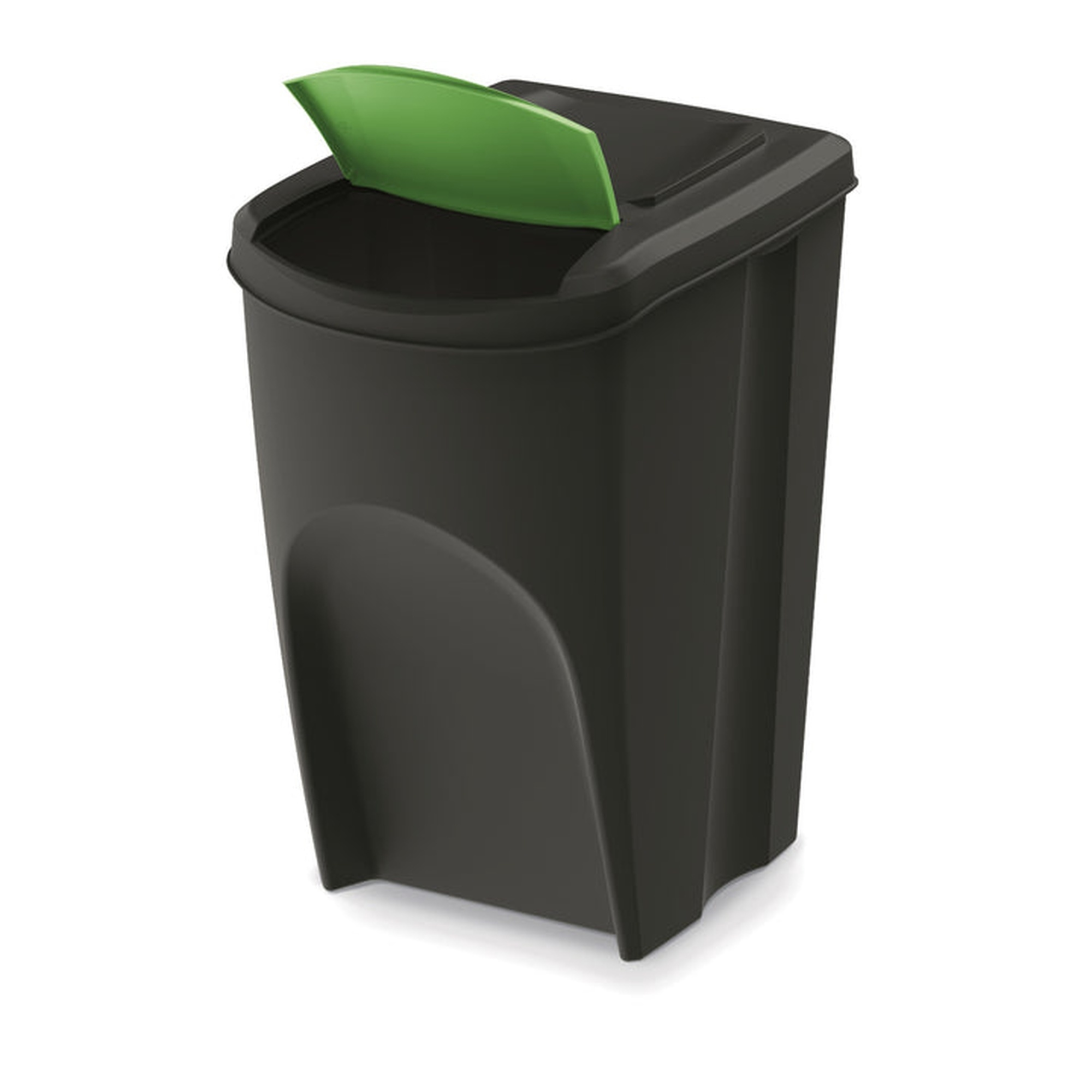 Un cubo de basura negro con una tapa abatible verde abierta, sobre fondo blanco.