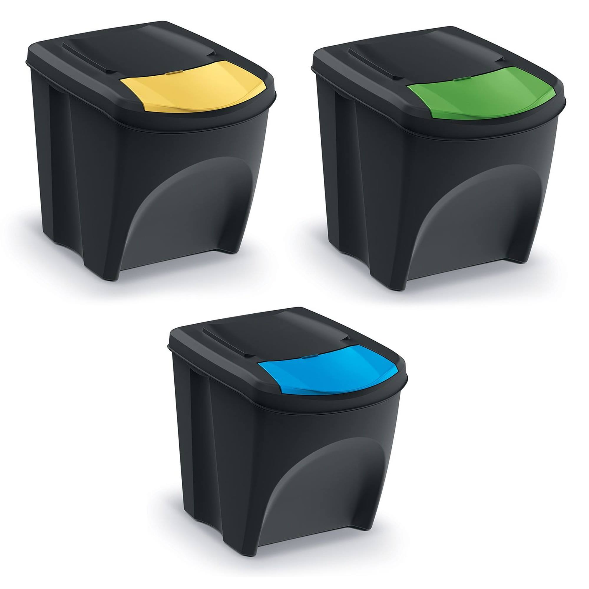 Tres cubos de basura negros con tapas amarilla, verde y azul.