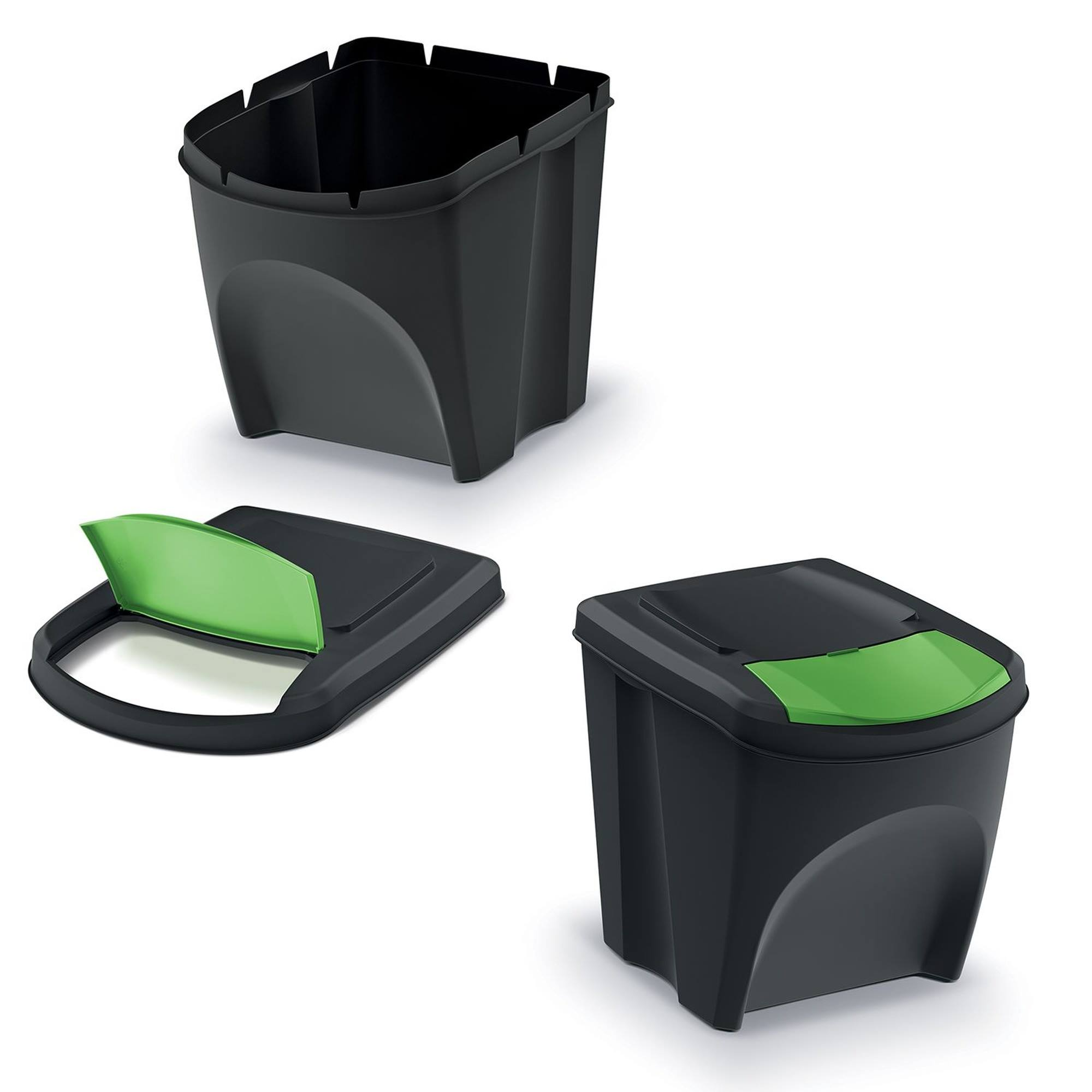 Un cubo de basura negro con tapa verde y una tapa separada.