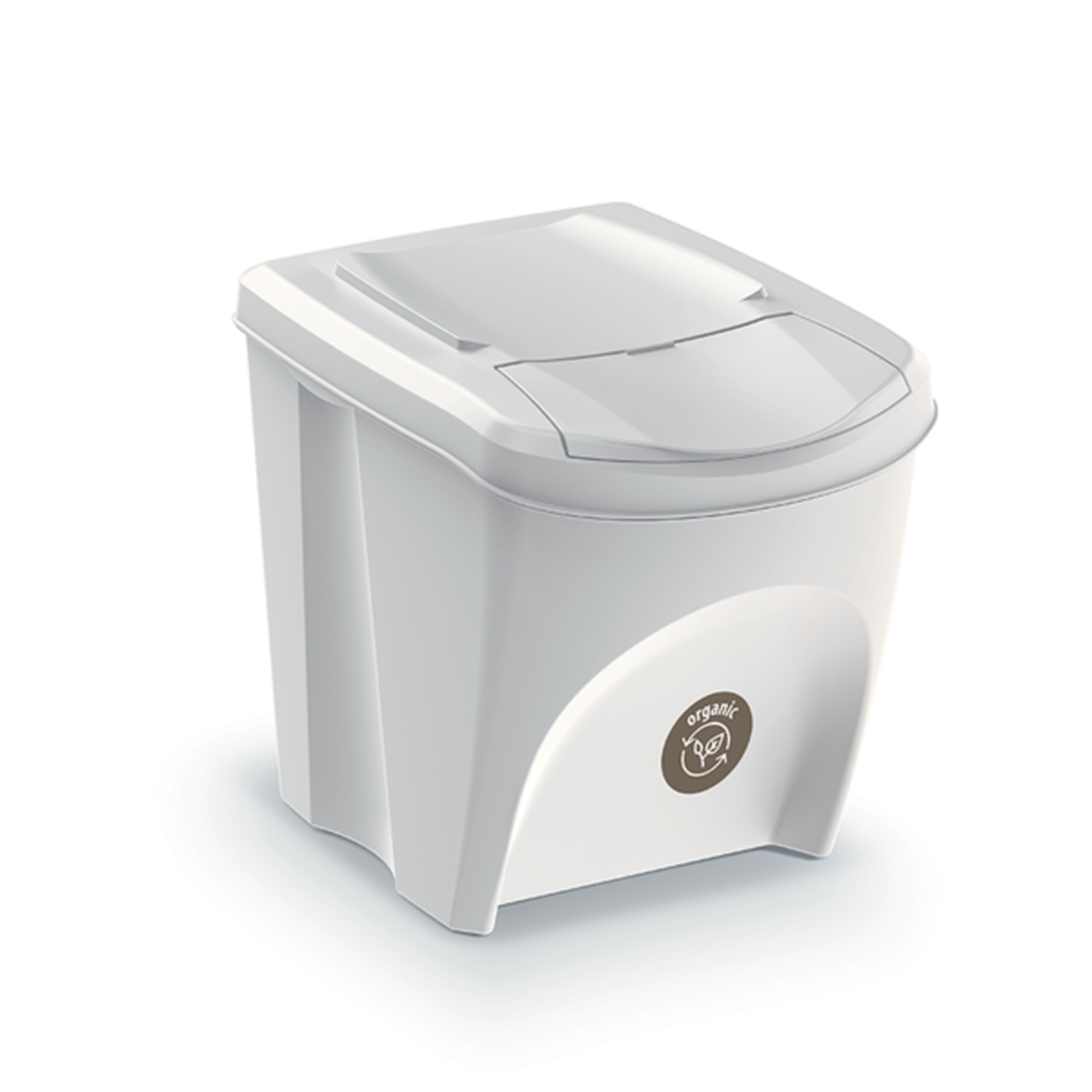 Un cubo de compost blanco con tapa y un logo orgánico marrón.