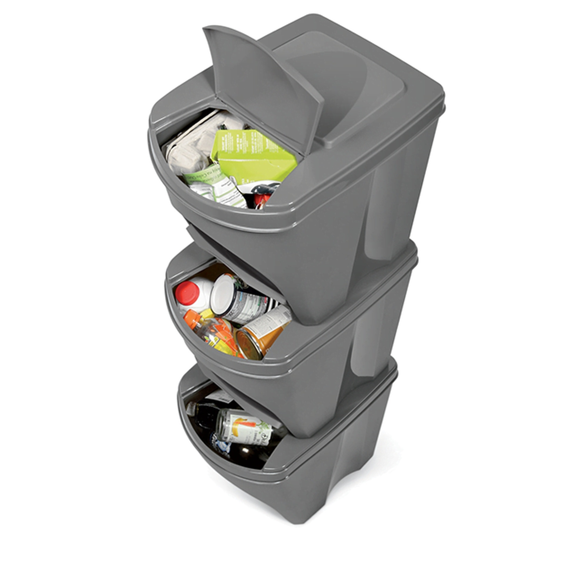 Contenedores apilables grises con tapa abierta, llenos de reciclaje.