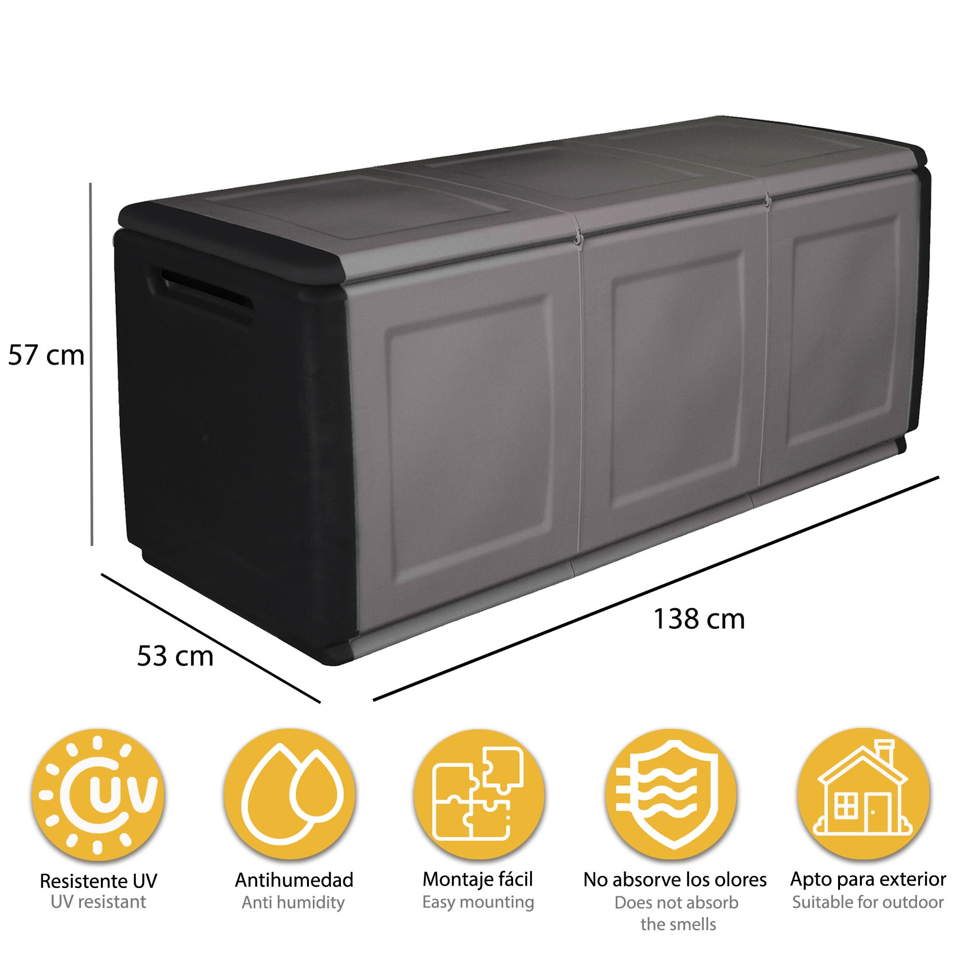 Contenedor de almacenamiento gris con laterales negros y dimensiones.