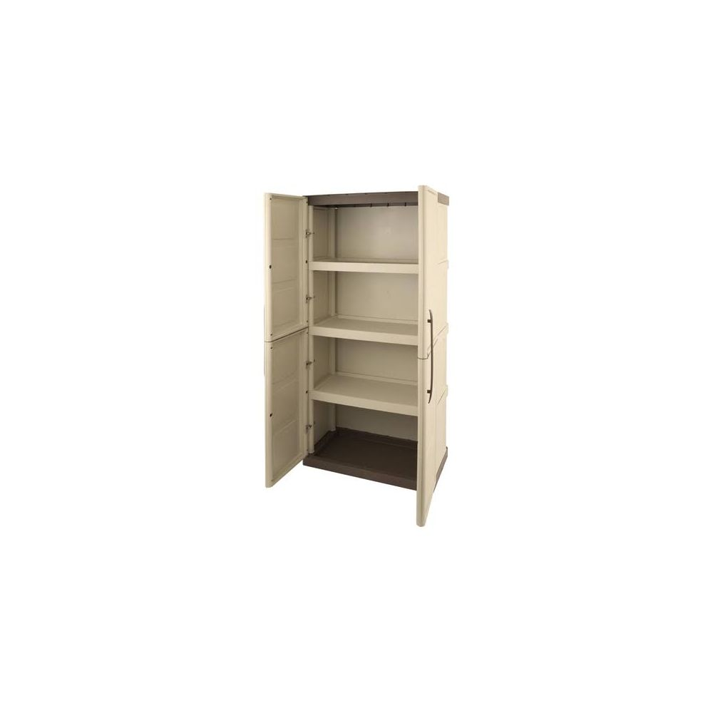 Un armario alto y estrecho de plástico beige con cuatro estantes y puertas abiertas.