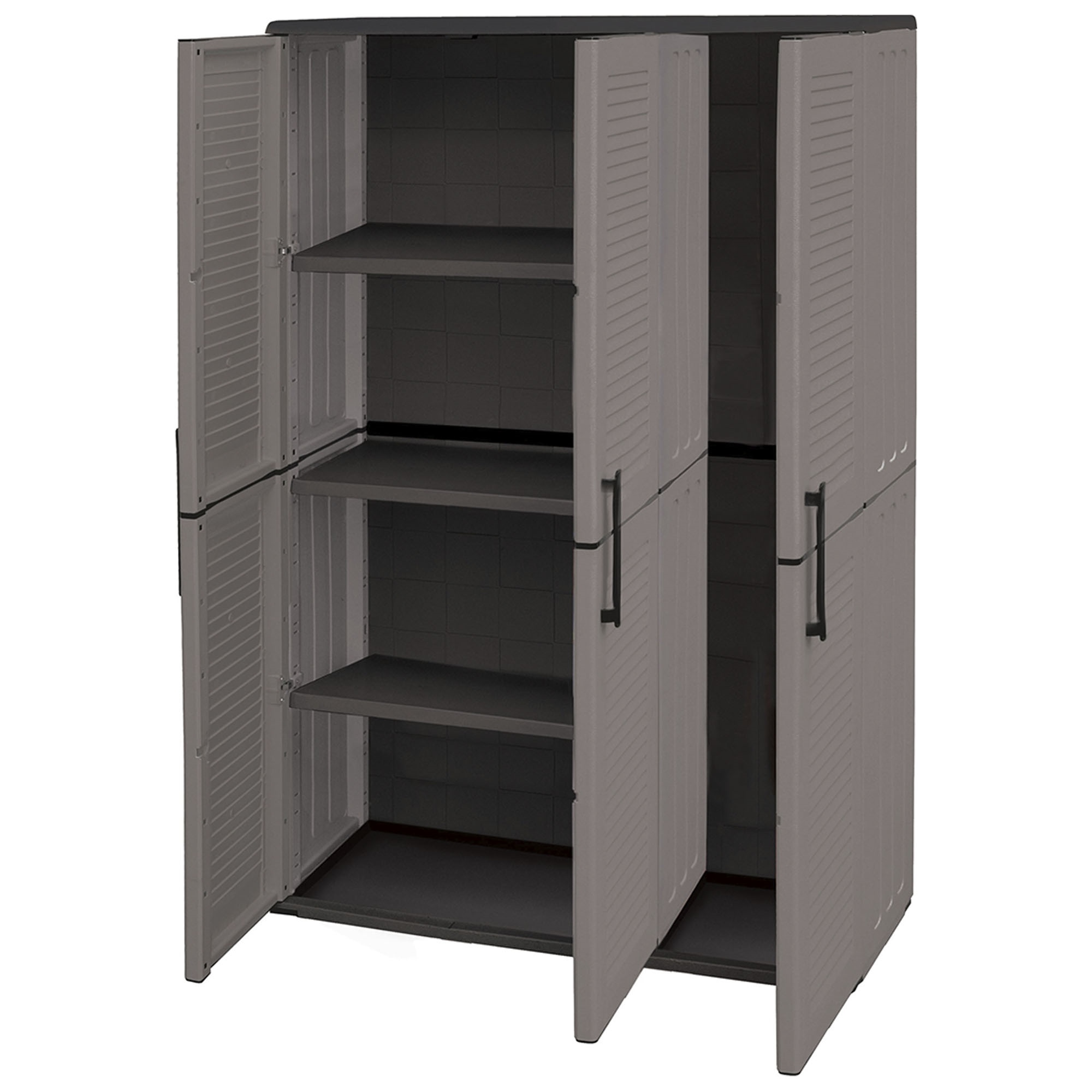 Un armario de plástico gris con cuatro puertas y tres estantes.