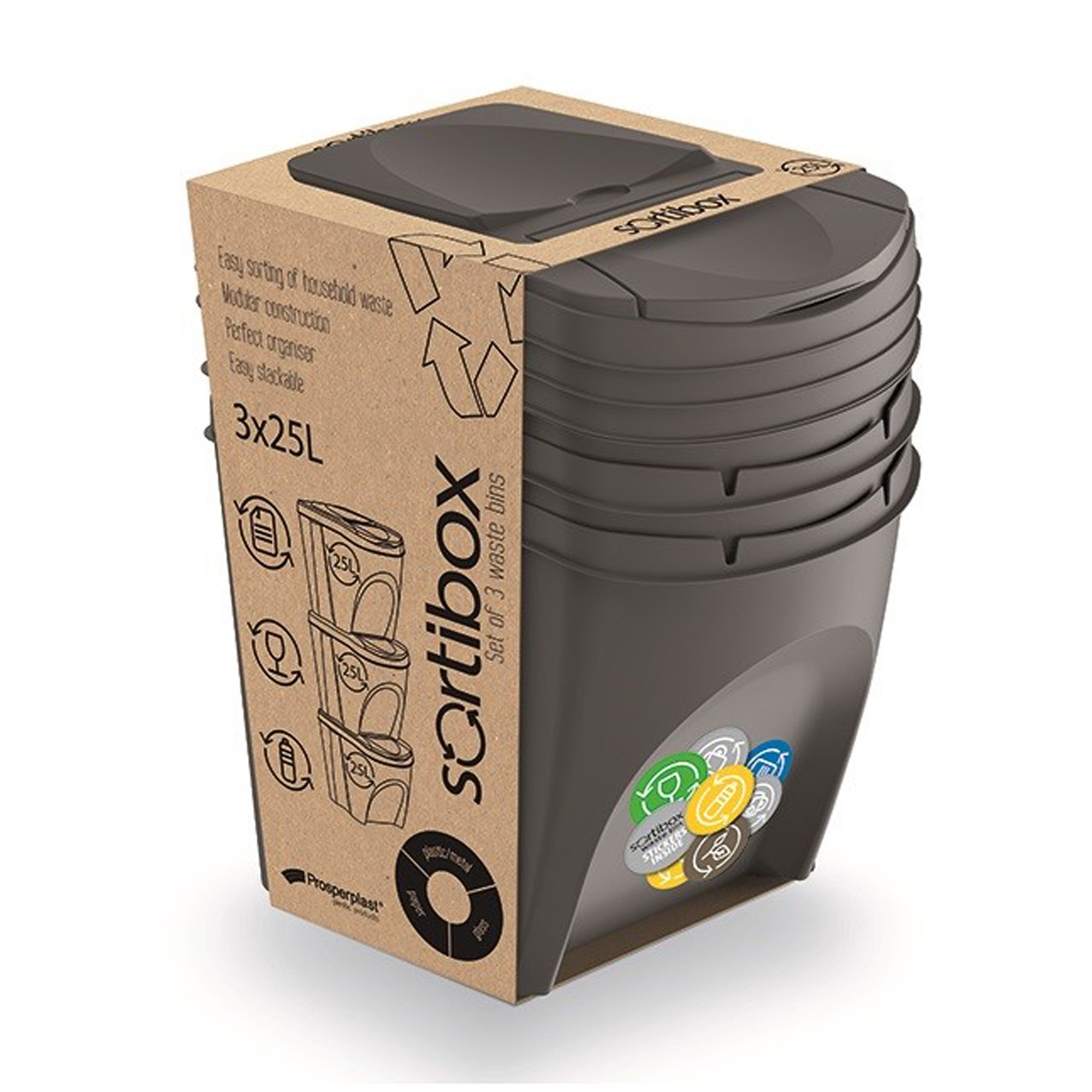Tres cubos de basura grises de 25L de Sortibox sobre embalaje marrón con símbolos de reciclaje.