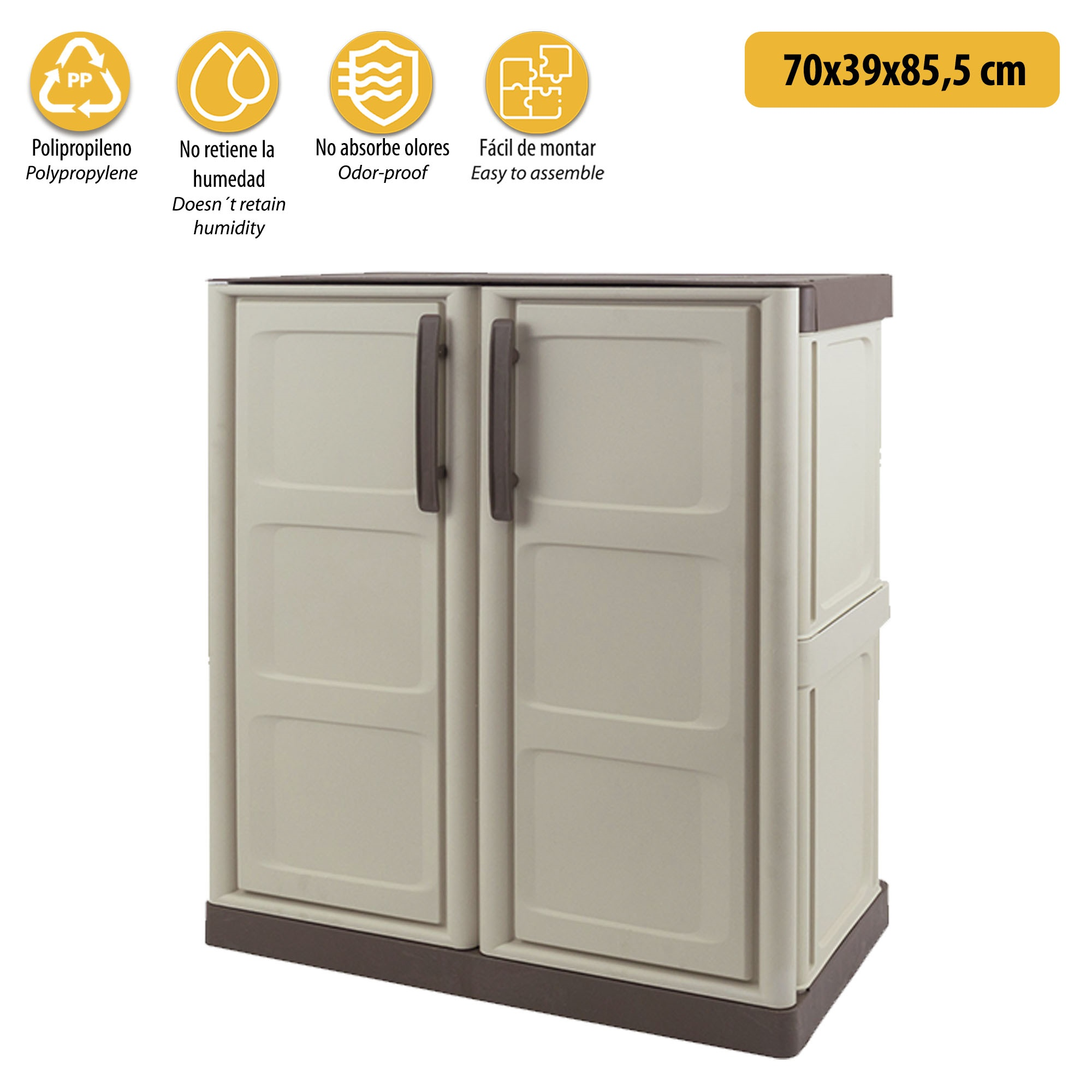 Un armario beige de dos puertas y tiradores marrones, medidas 70x39x85,5 cm.