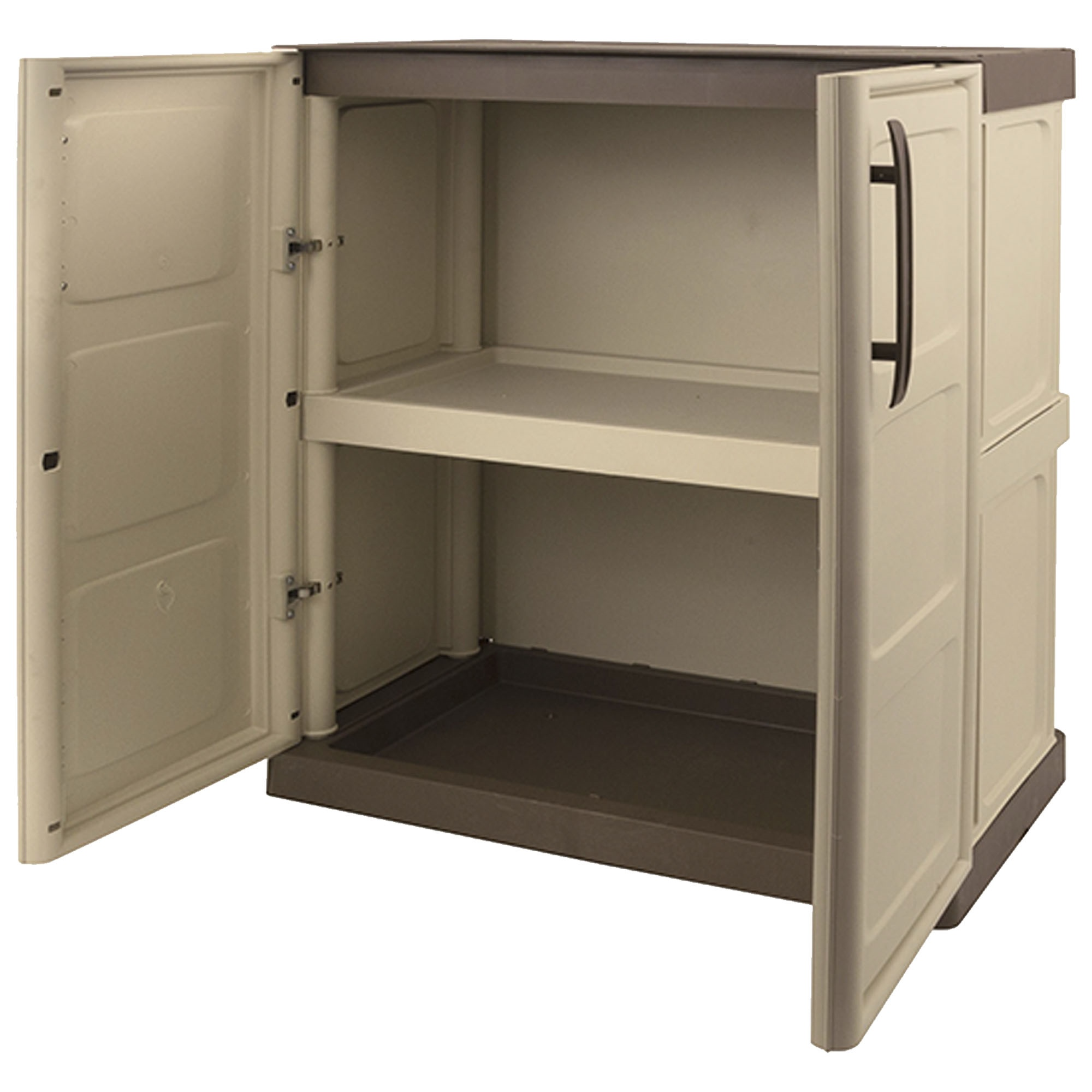 Un armario de plástico beige con dos puertas abiertas y un estante.