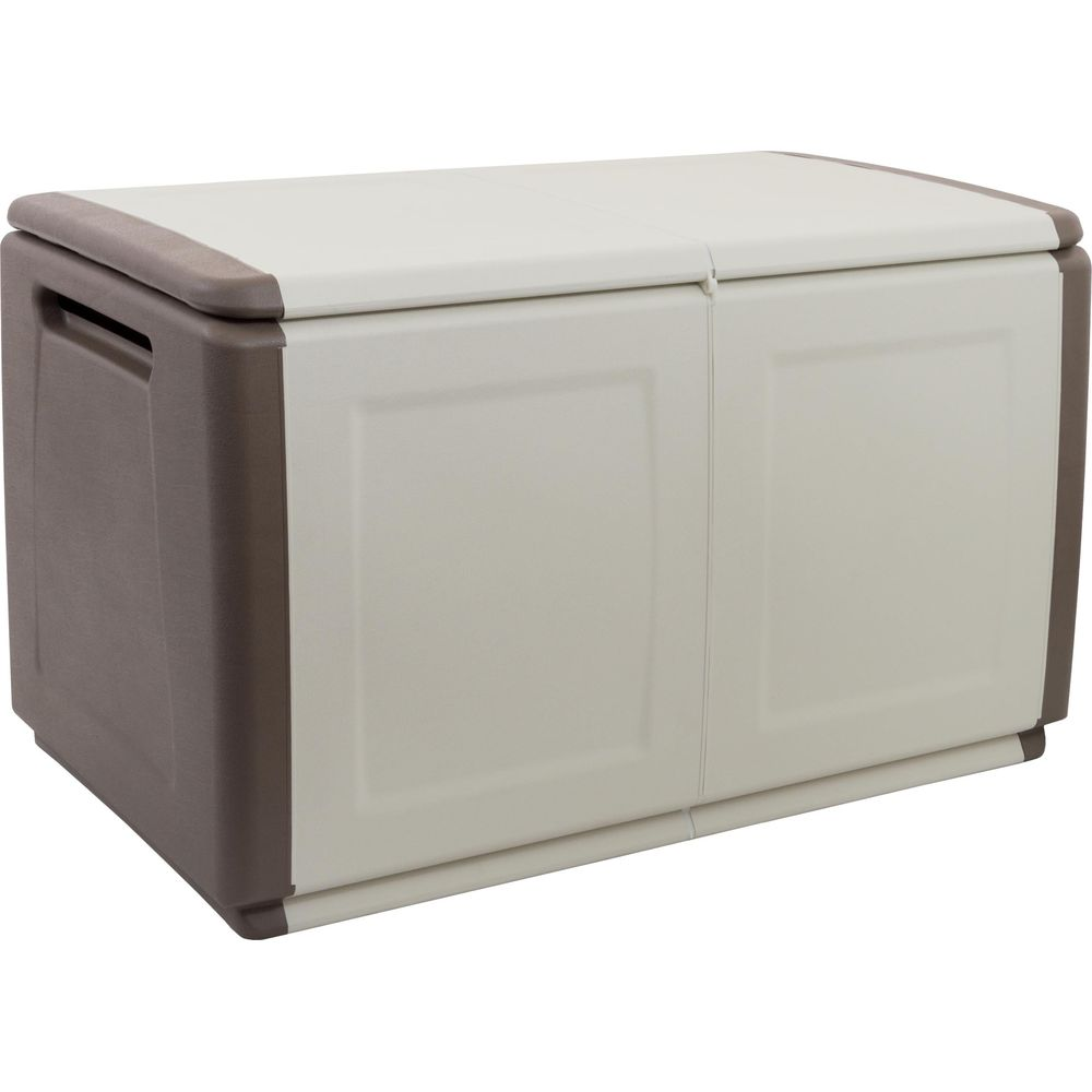 Un contenedor de almacenamiento de plástico beige con detalles marrones y dos puertas.