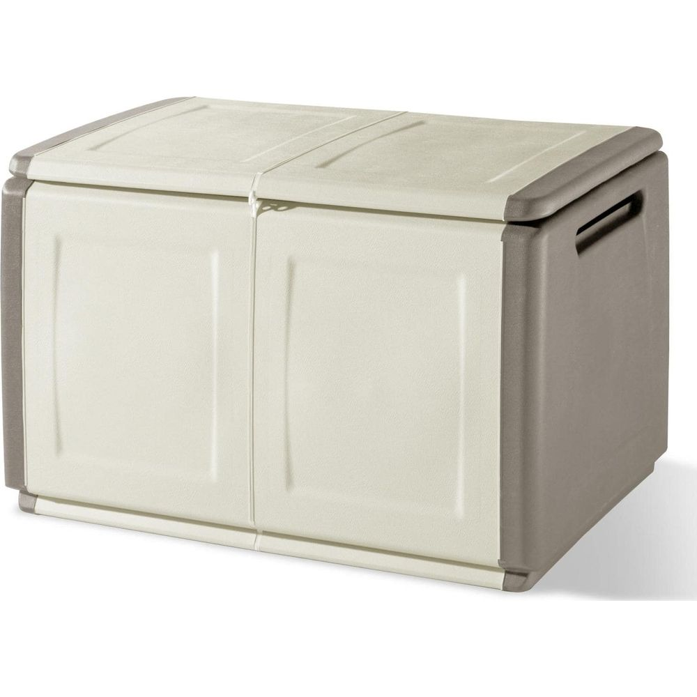Caja de almacenamiento beige claro con detalles grises y dos puertas.