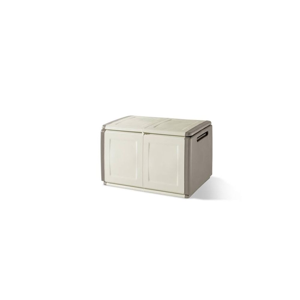 Un armario de almacenamiento beige con dos puertas y tapa dividida.