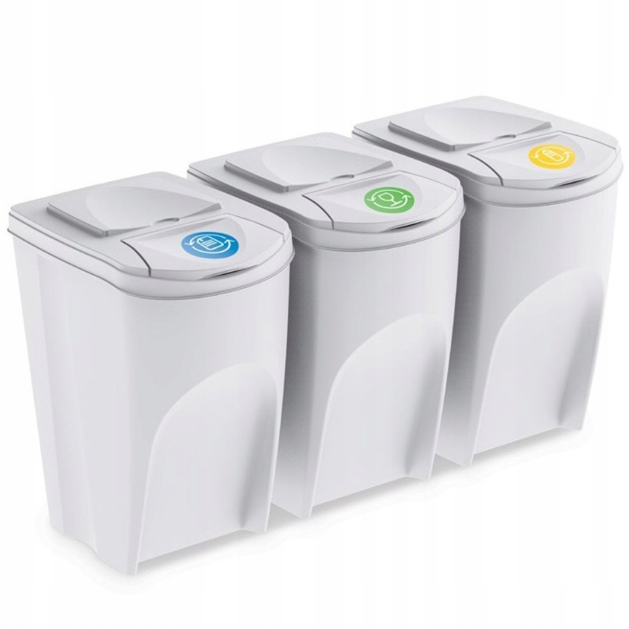 Tres cubos de reciclaje blancos uno al lado del otro, con símbolos.