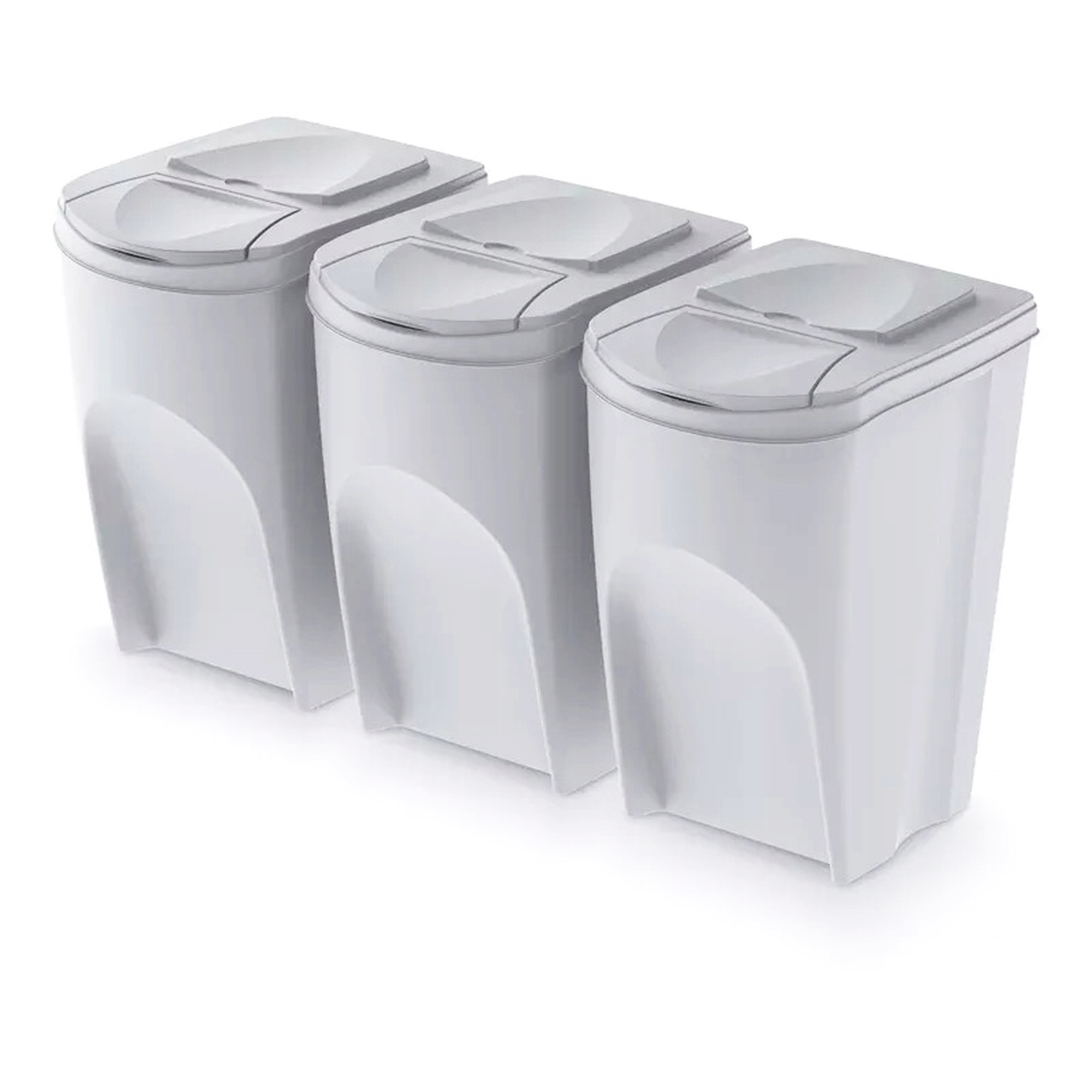 Tres contenedores rectangulares blancos con frentes curvos y tapas abatibles, uno al lado del otro.