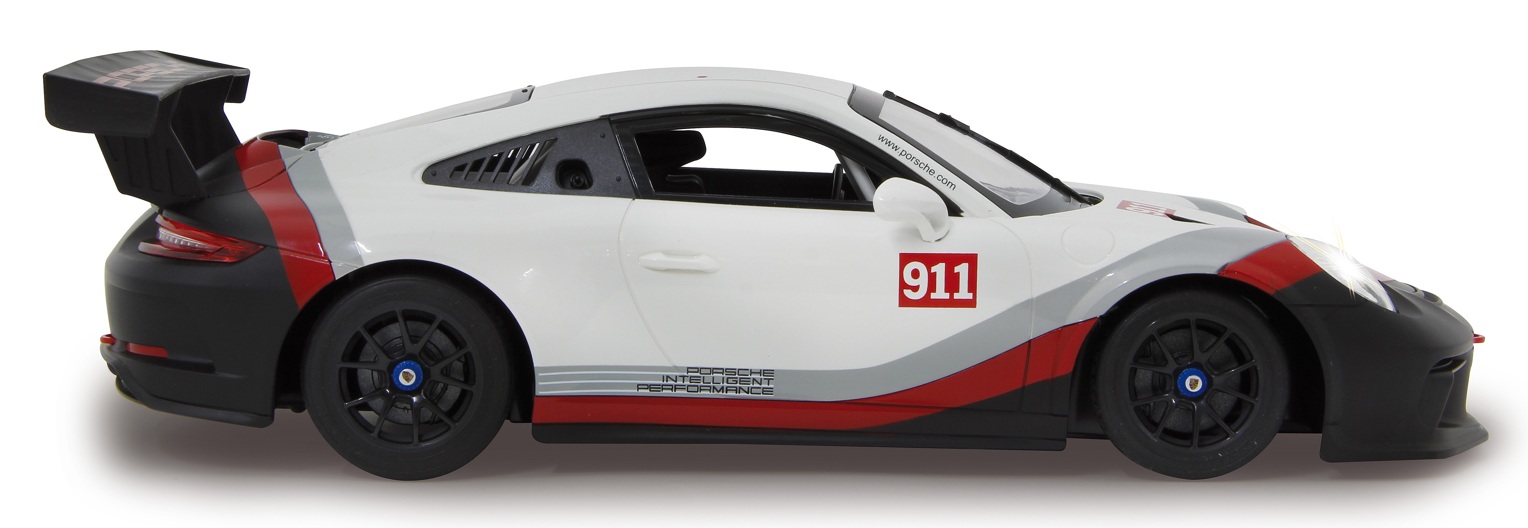 Ein weißer Porsche 911 mit roten und grauen Streifen, schwarzem Flügel.