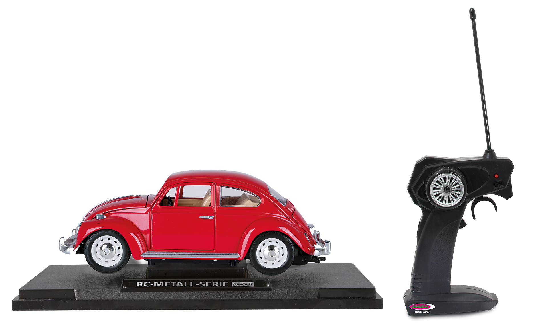 Ein rotes Spielzeugauto mit Fernbedienung auf schwarzem Sockel.