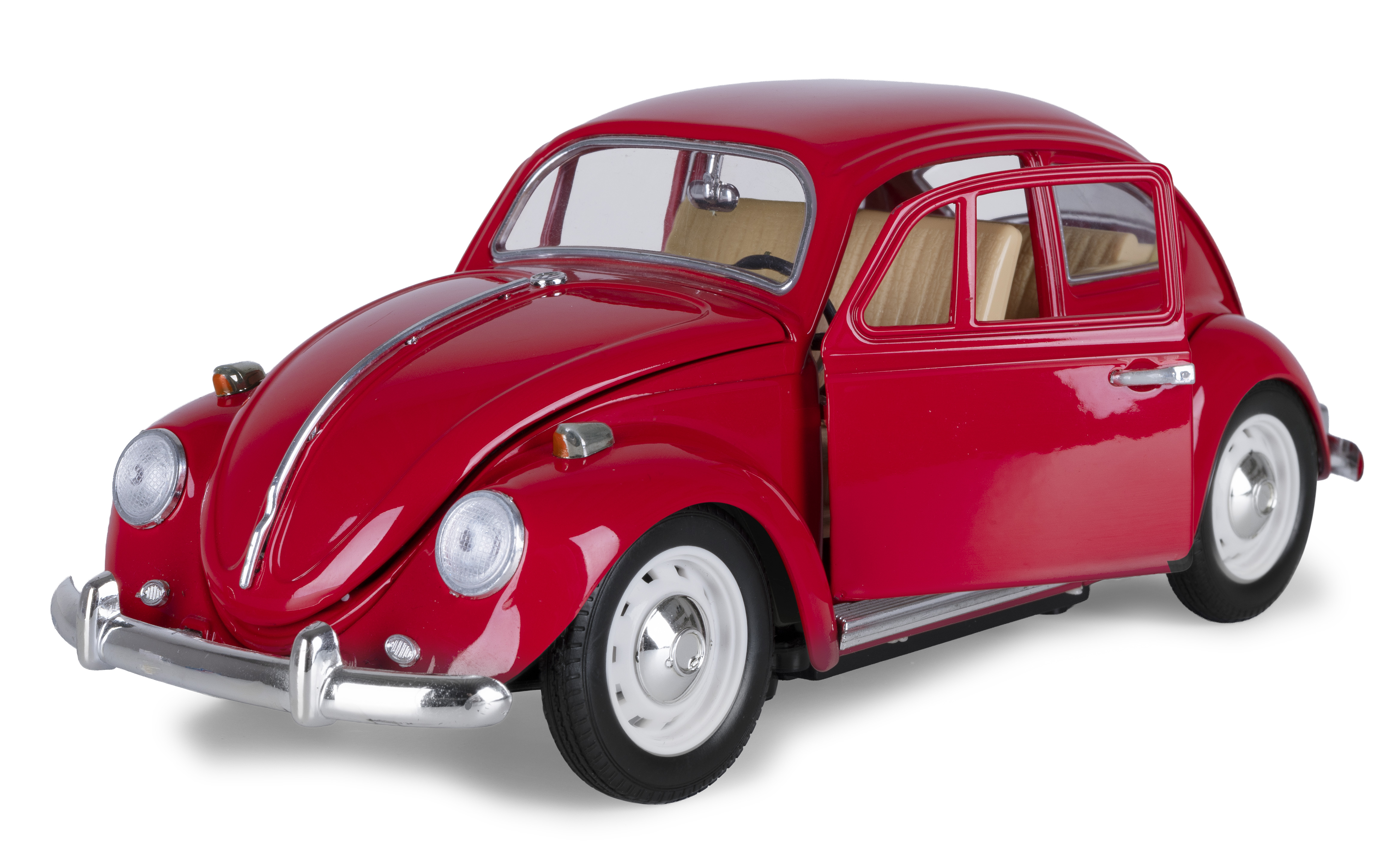 Ein rotes Spielzeugauto im Stil des VW Käfers mit geöffneter Tür.