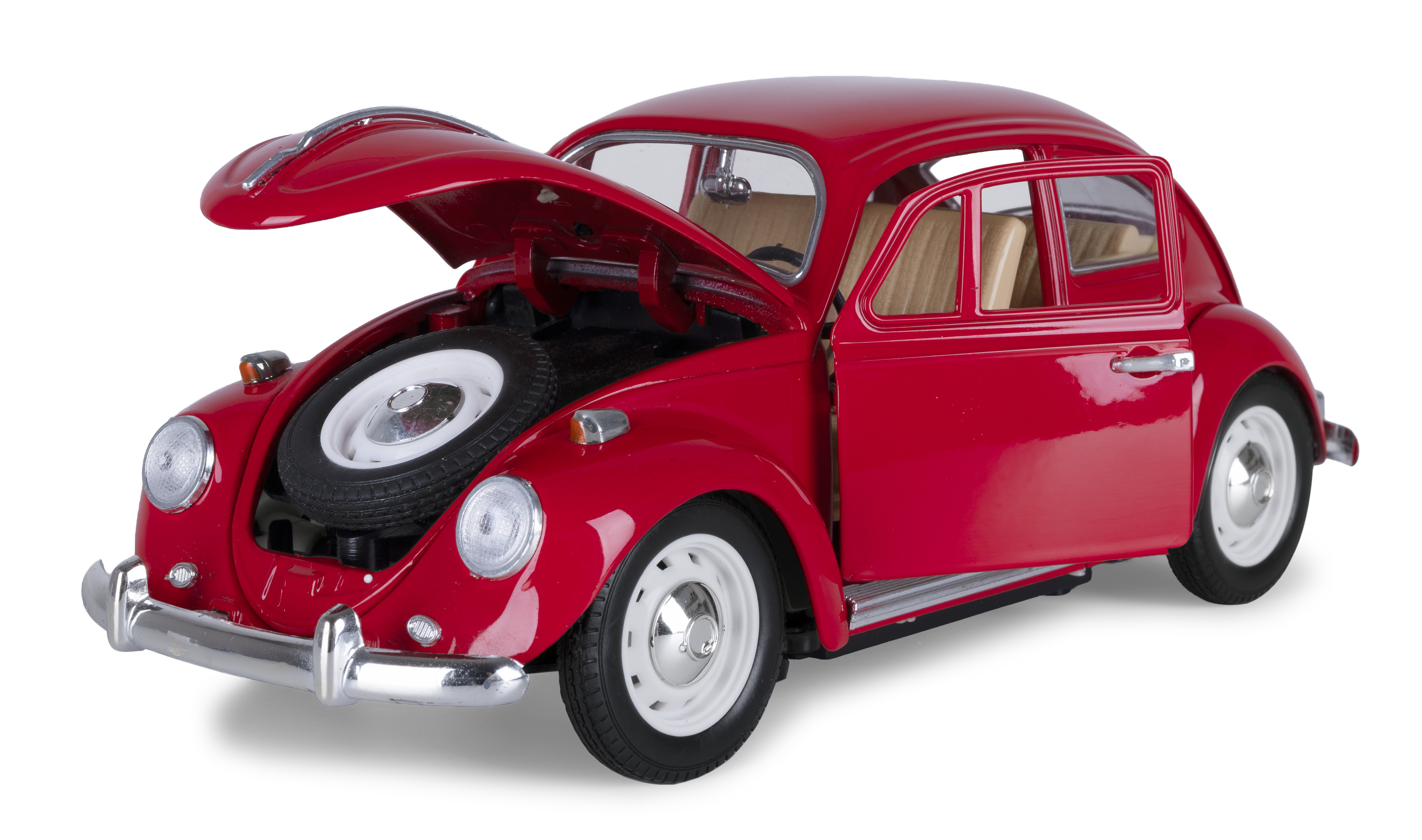 Ein rotes Spielzeugauto mit geöffneter Haube und Tür, Ersatzrad sichtbar.