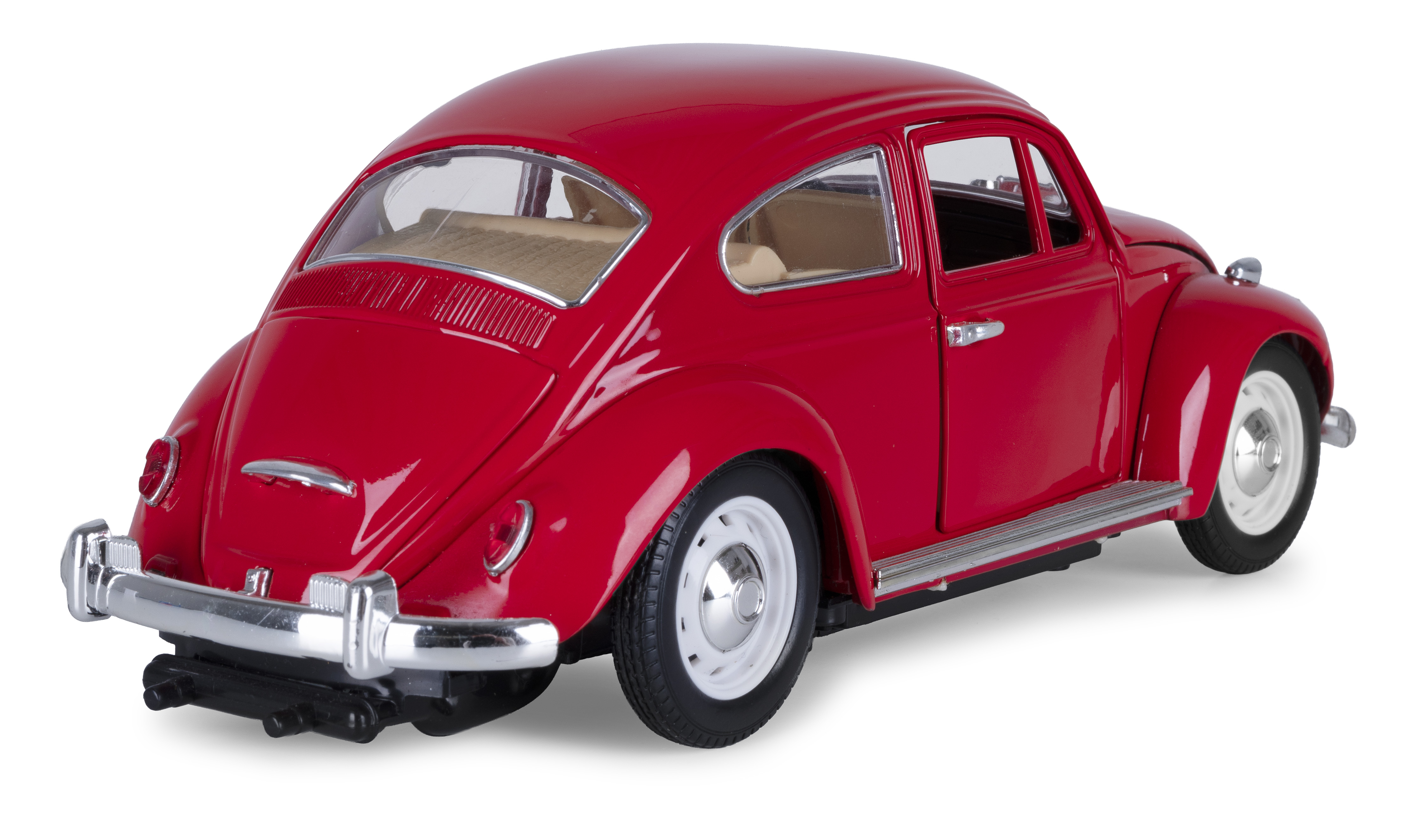 Rotes Spielzeugauto im Stil eines VW Käfers, von hinten gesehen.