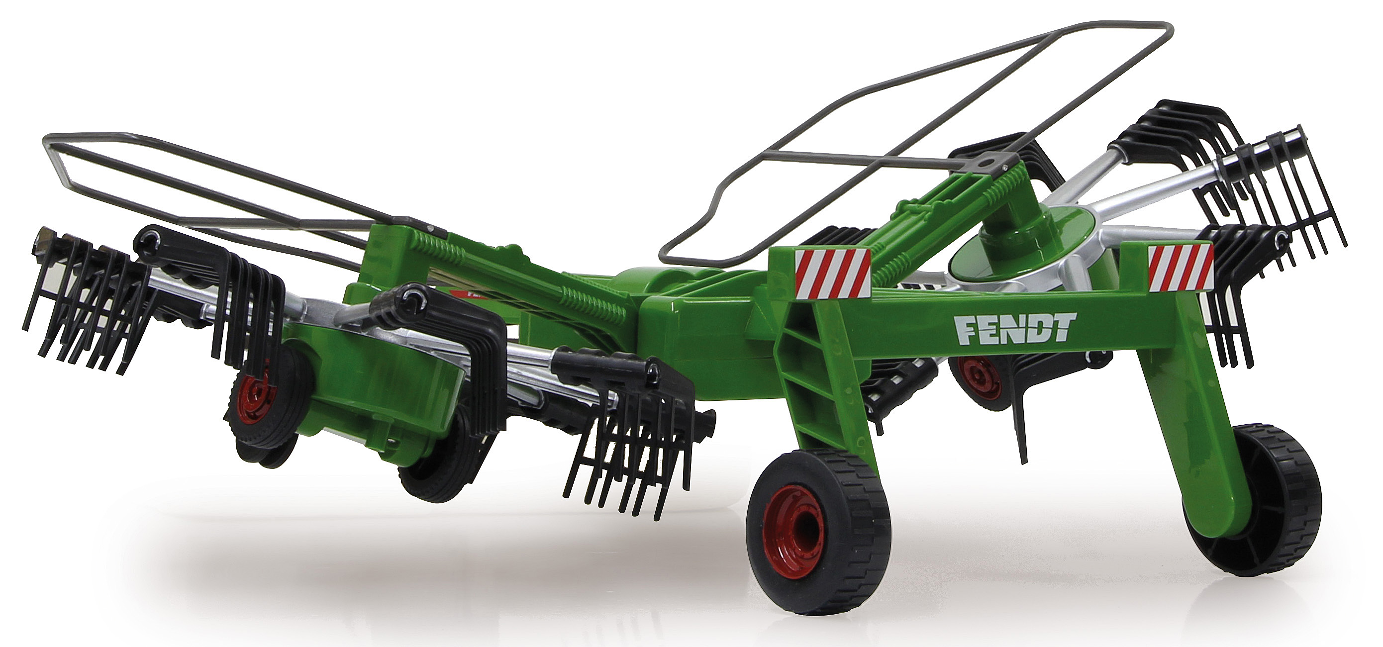 Rastrillo de heno Fendt verde con púas negras y llantas rojas.
